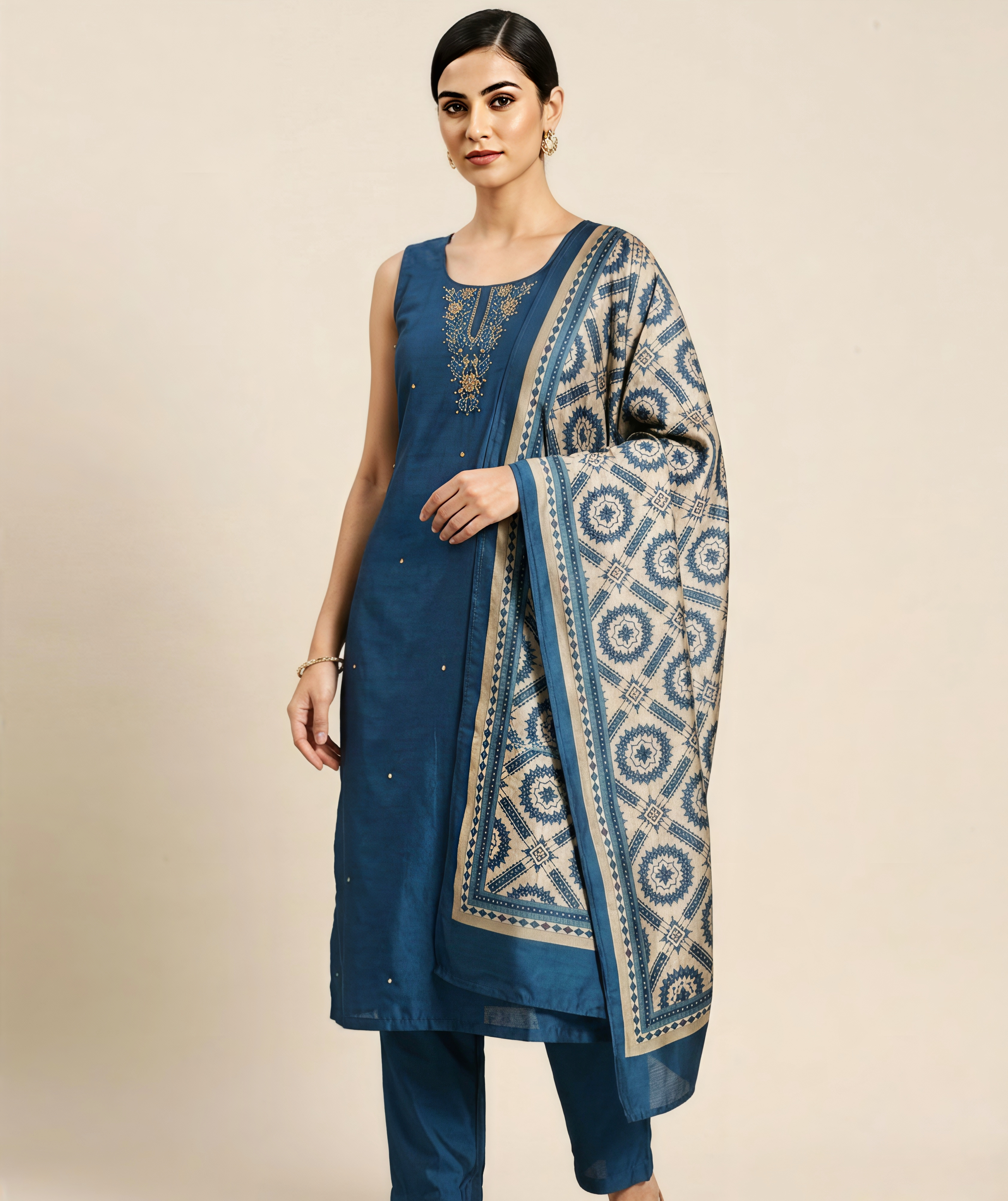 Prussian Blue Hand-Embroidered Silk Kurta Set with Printed Dupatta & 1/4th Sleeves