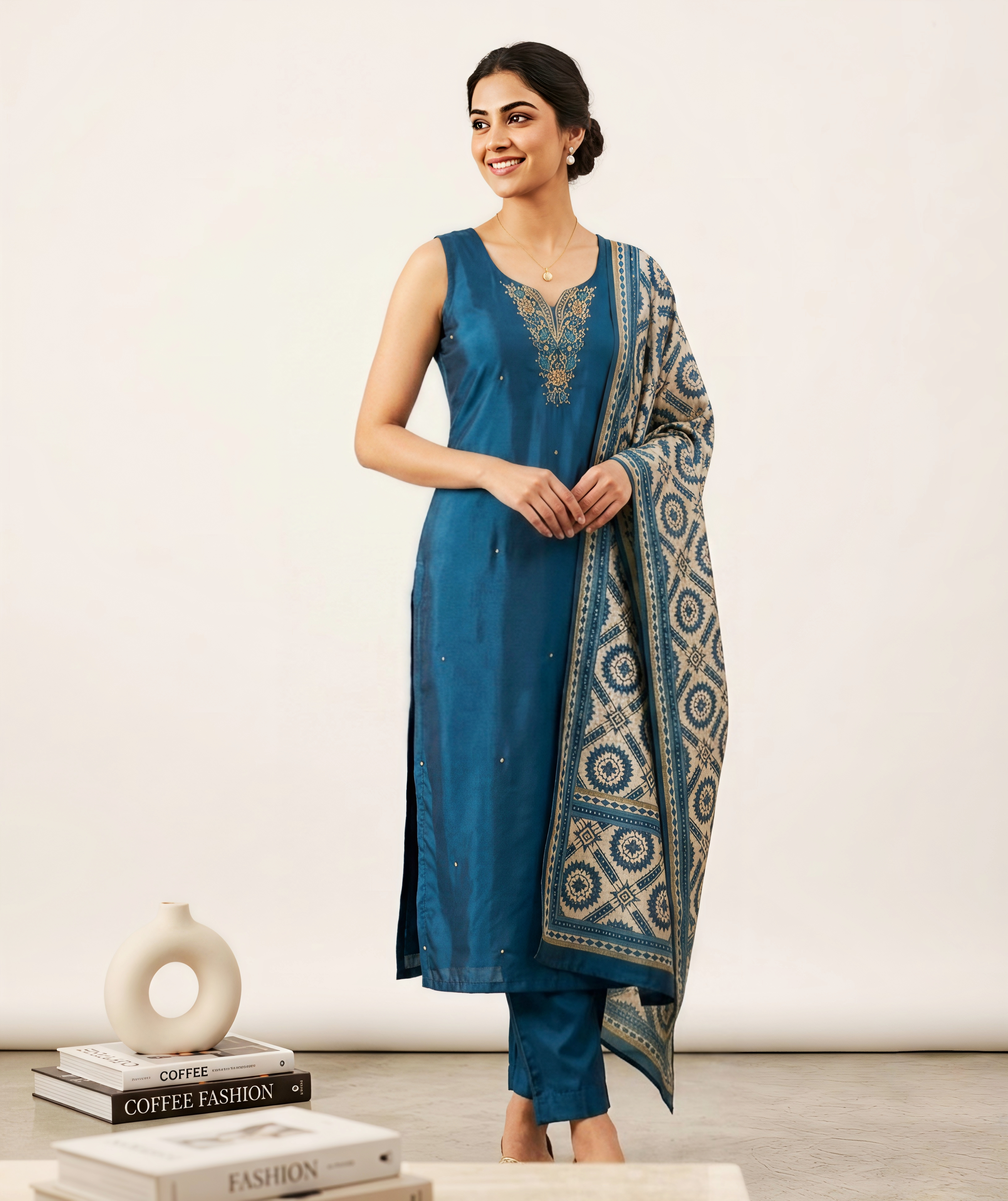 Prussian Blue Hand-Embroidered Silk Kurta Set with Printed Dupatta & 1/4th Sleeves