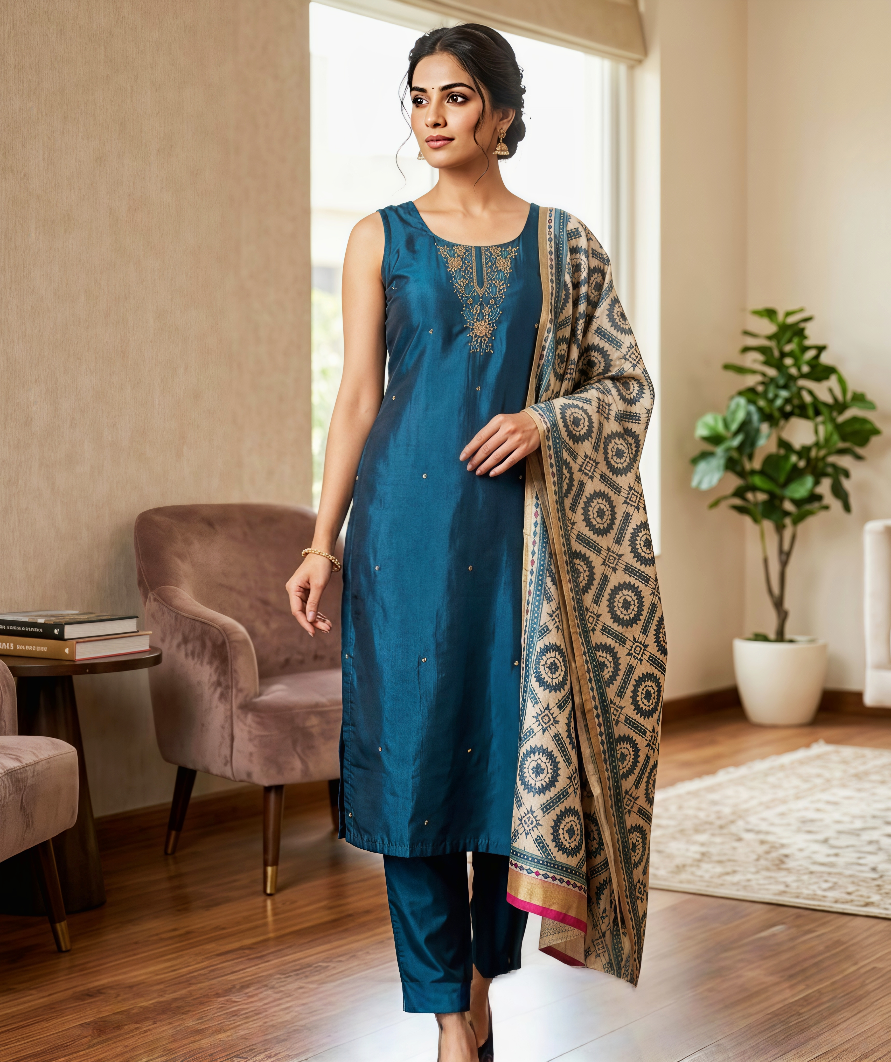 Prussian Blue Hand-Embroidered Silk Kurta Set with Printed Dupatta & 1/4th Sleeves