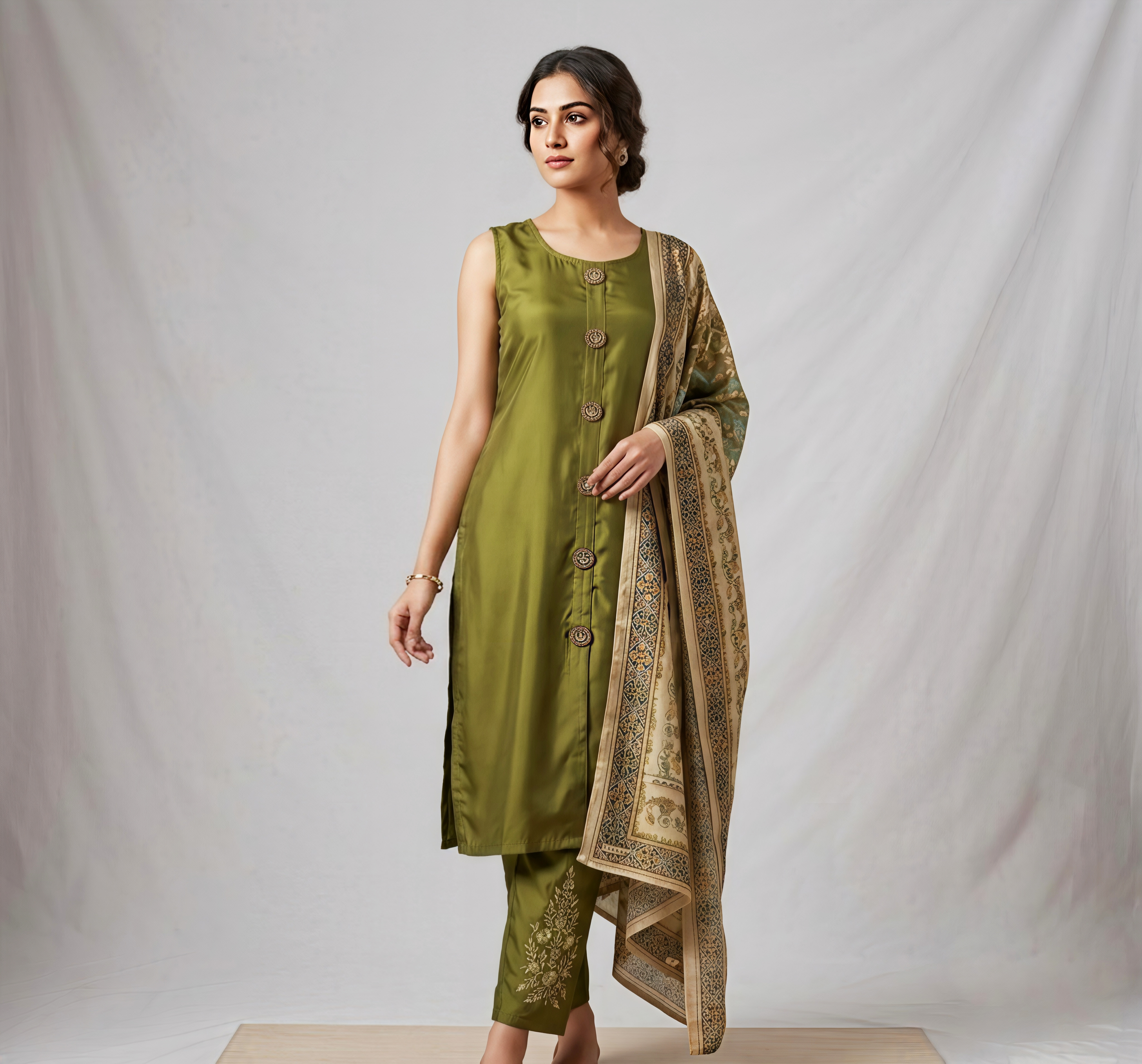 Elegant Olive Green Silk 3-Piece Kurta Set with Printed Dupatta