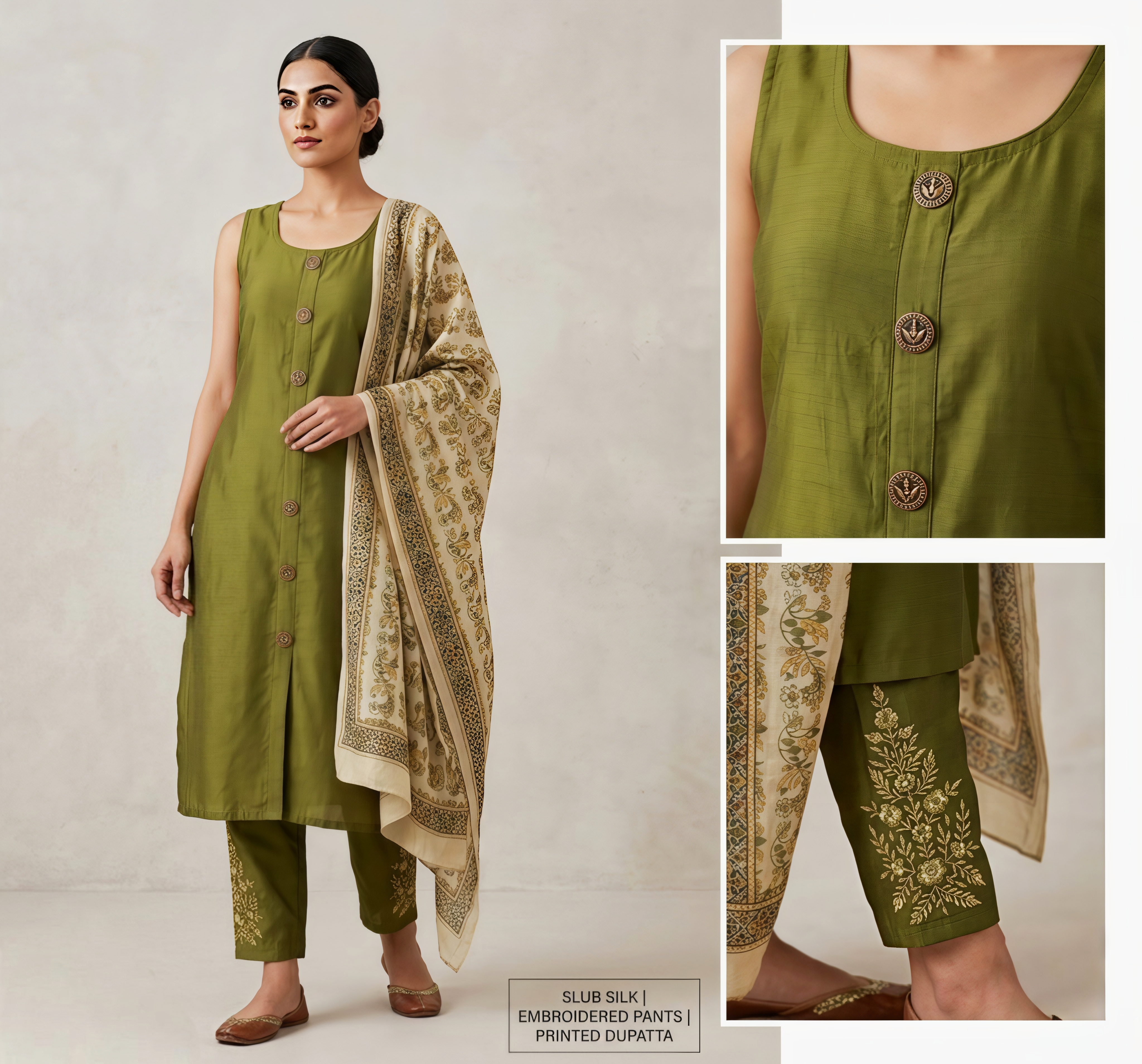 Elegant Olive Green Silk 3-Piece Kurta Set with Printed Dupatta
