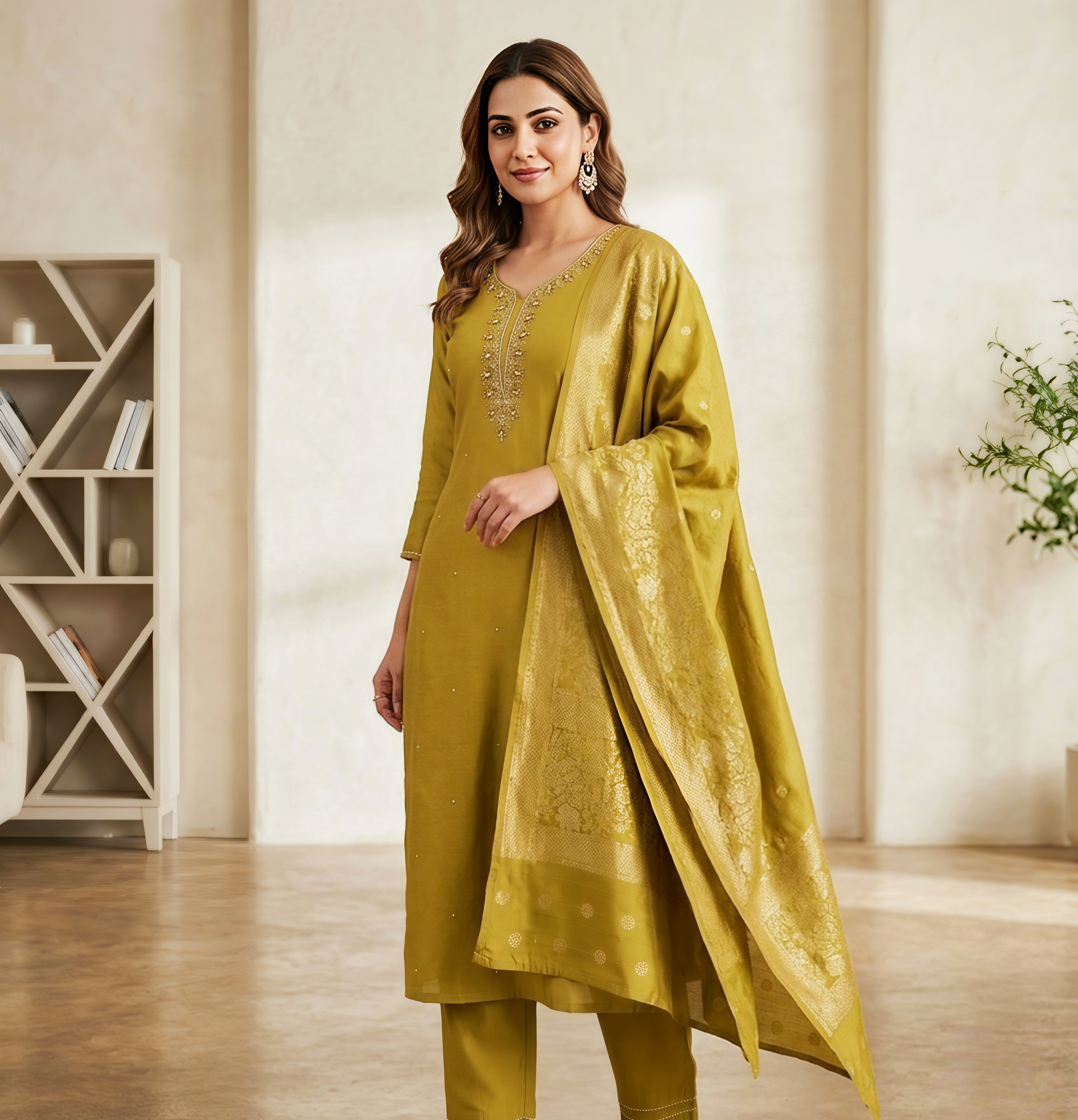 Lime Green Embroidered Silk Kurta Set with Banarasi Silk Dupatta