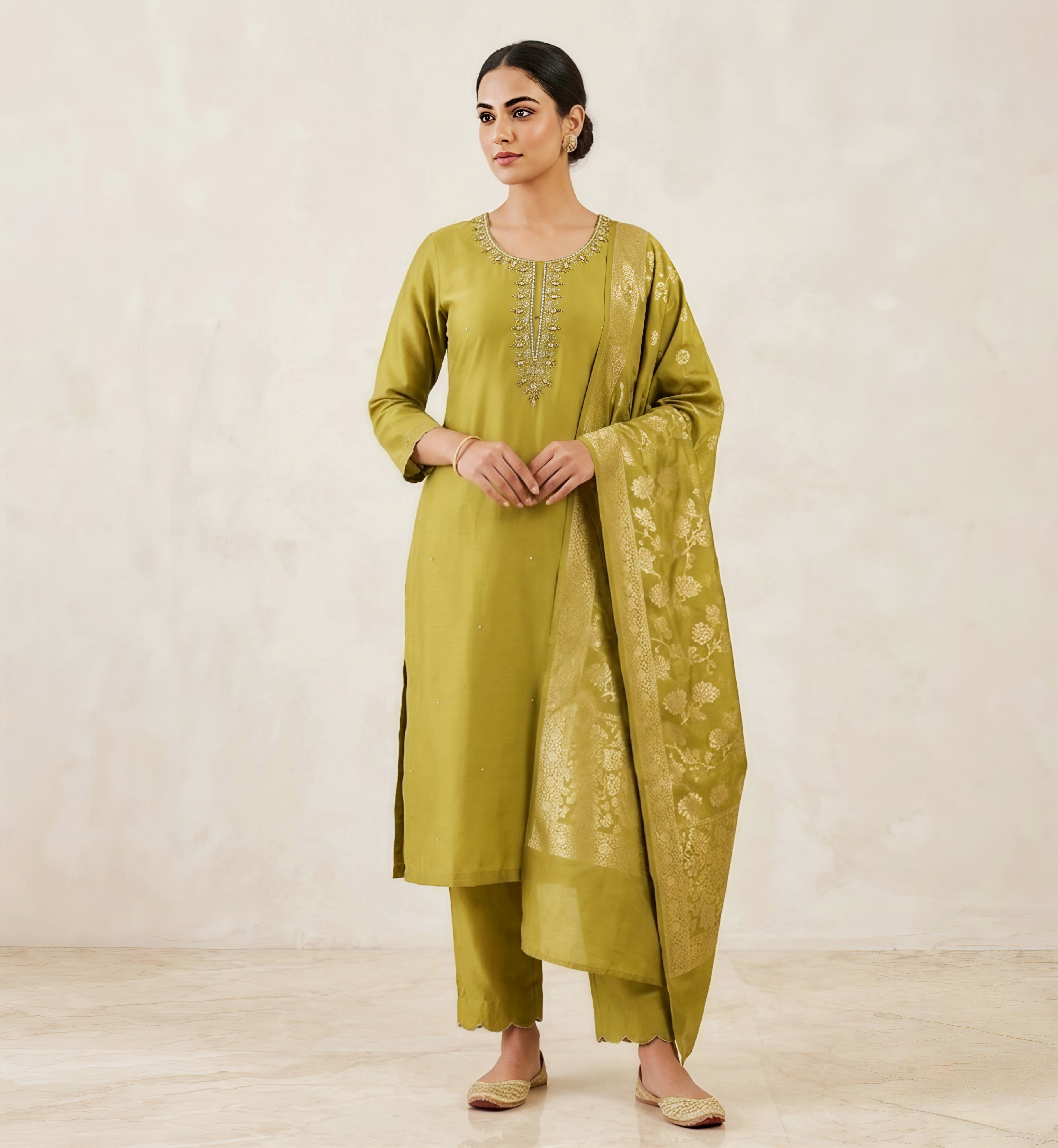 Lime Green Embroidered Silk Kurta Set with Banarasi Silk Dupatta