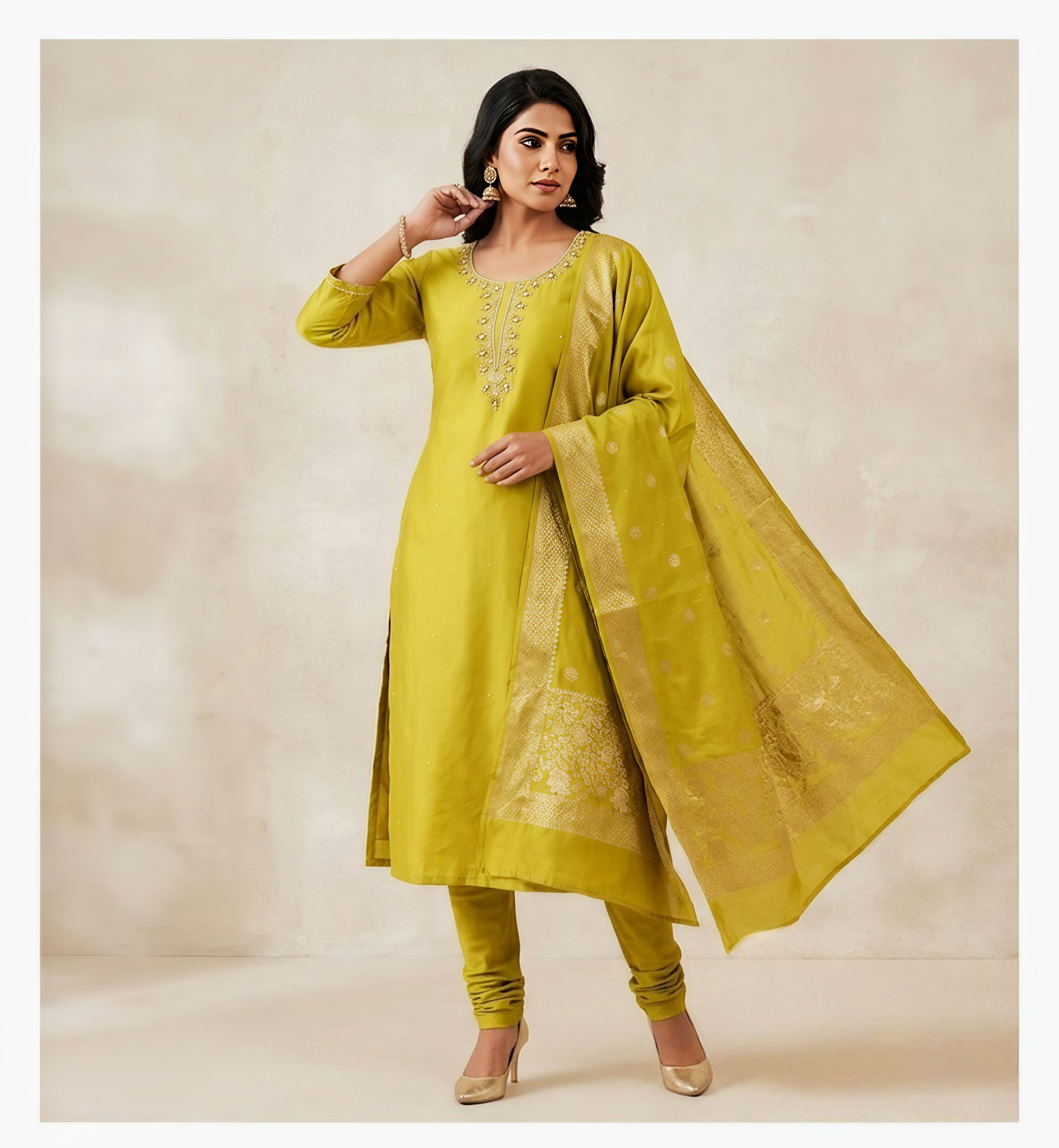 Lime Green Embroidered Silk Kurta Set with Banarasi Silk Dupatta