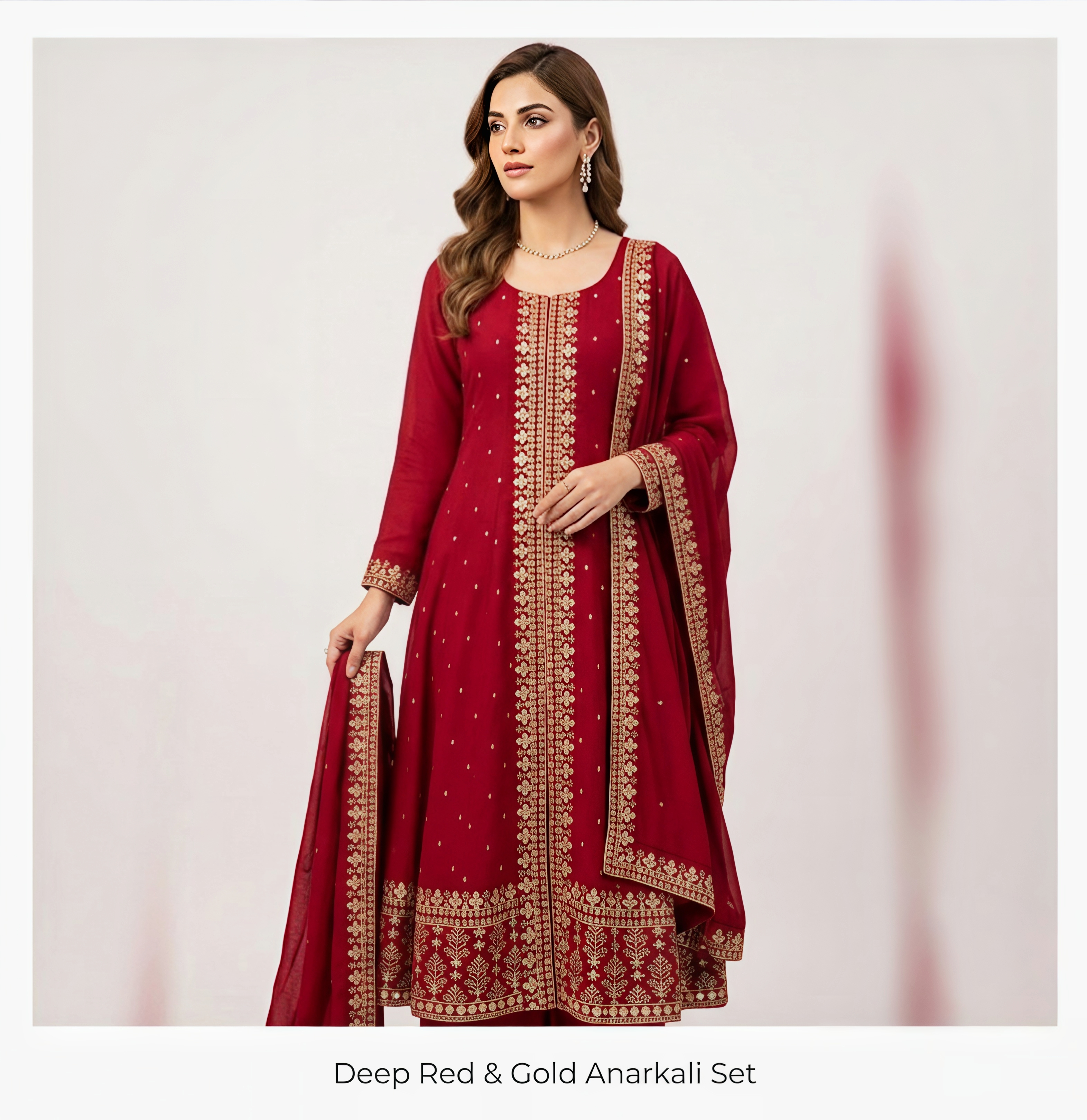 Premium Deep Red & Gold Silk Anarkali Suit - 3-Piece Festive Set with Detailed Zari Work