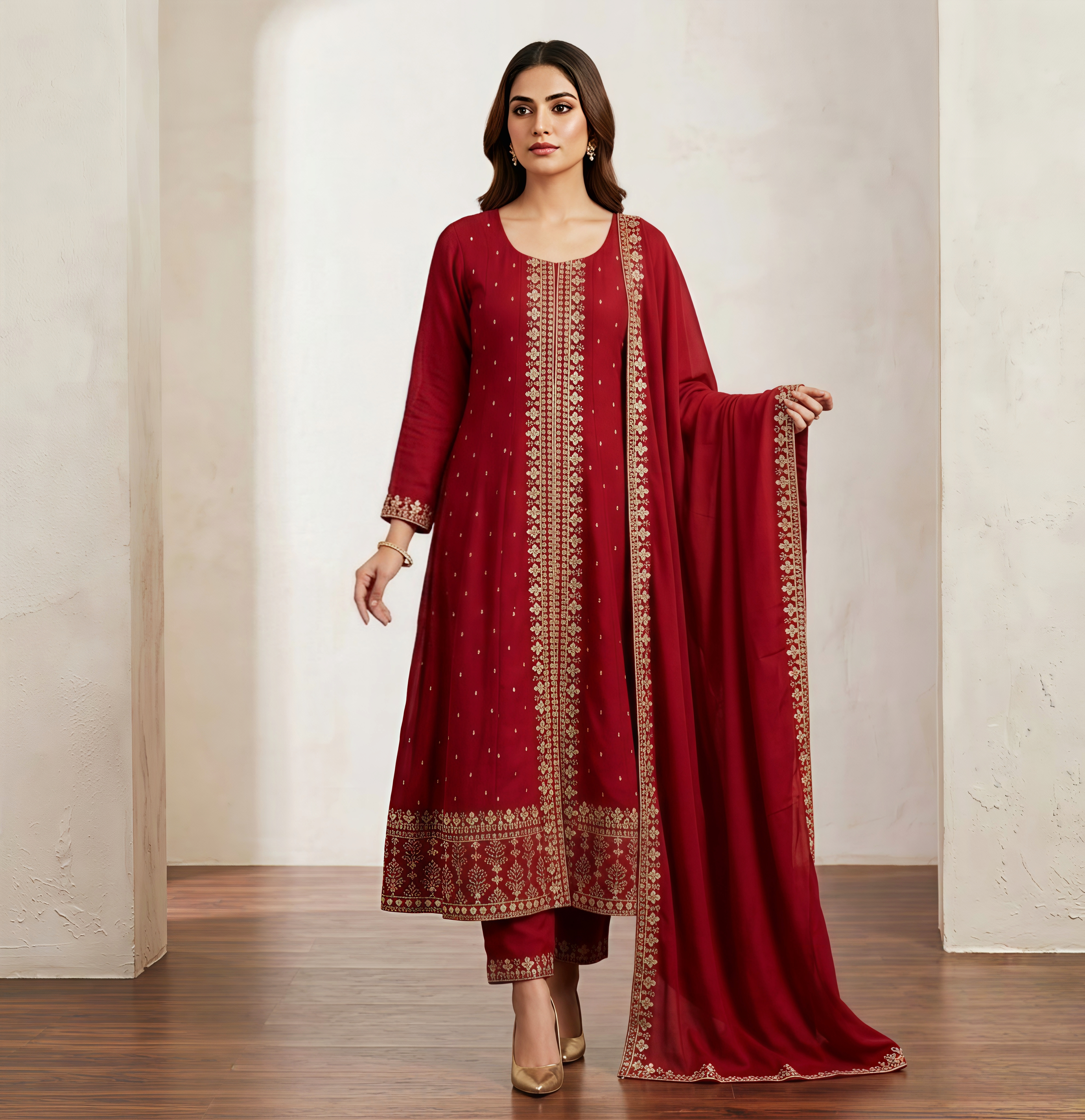 Premium Deep Red & Gold Silk Anarkali Suit - 3-Piece Festive Set with Detailed Zari Work