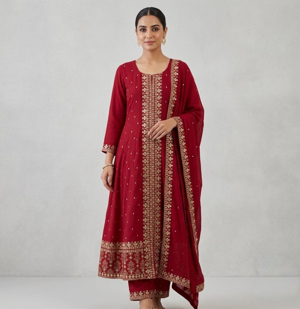 Premium Deep Red & Gold Silk Anarkali Suit - 3-Piece Festive Set with Detailed Zari Work
