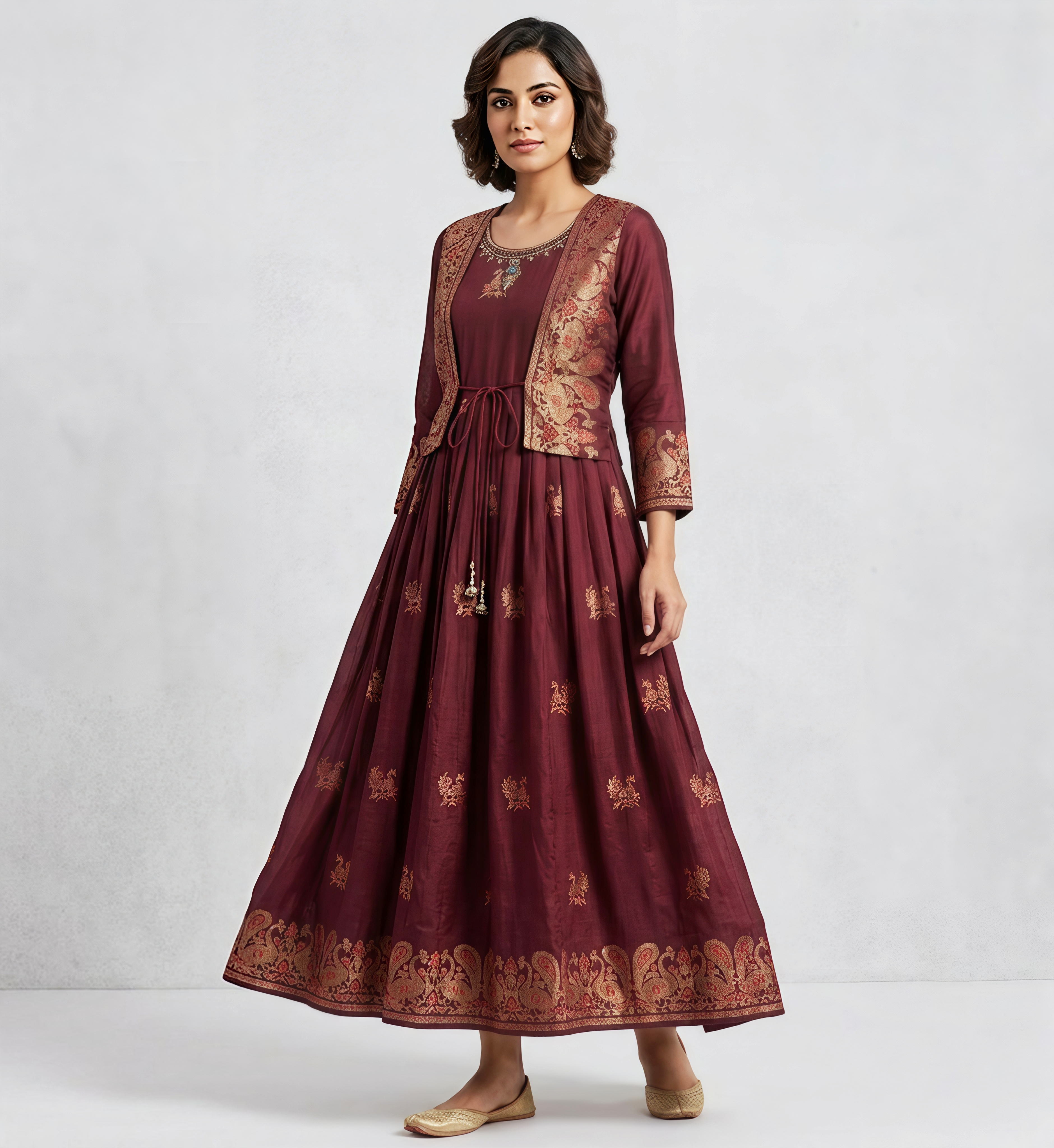 Deep Wine Embroidered Anarkali Gown with Traditional Gold Foil Koti