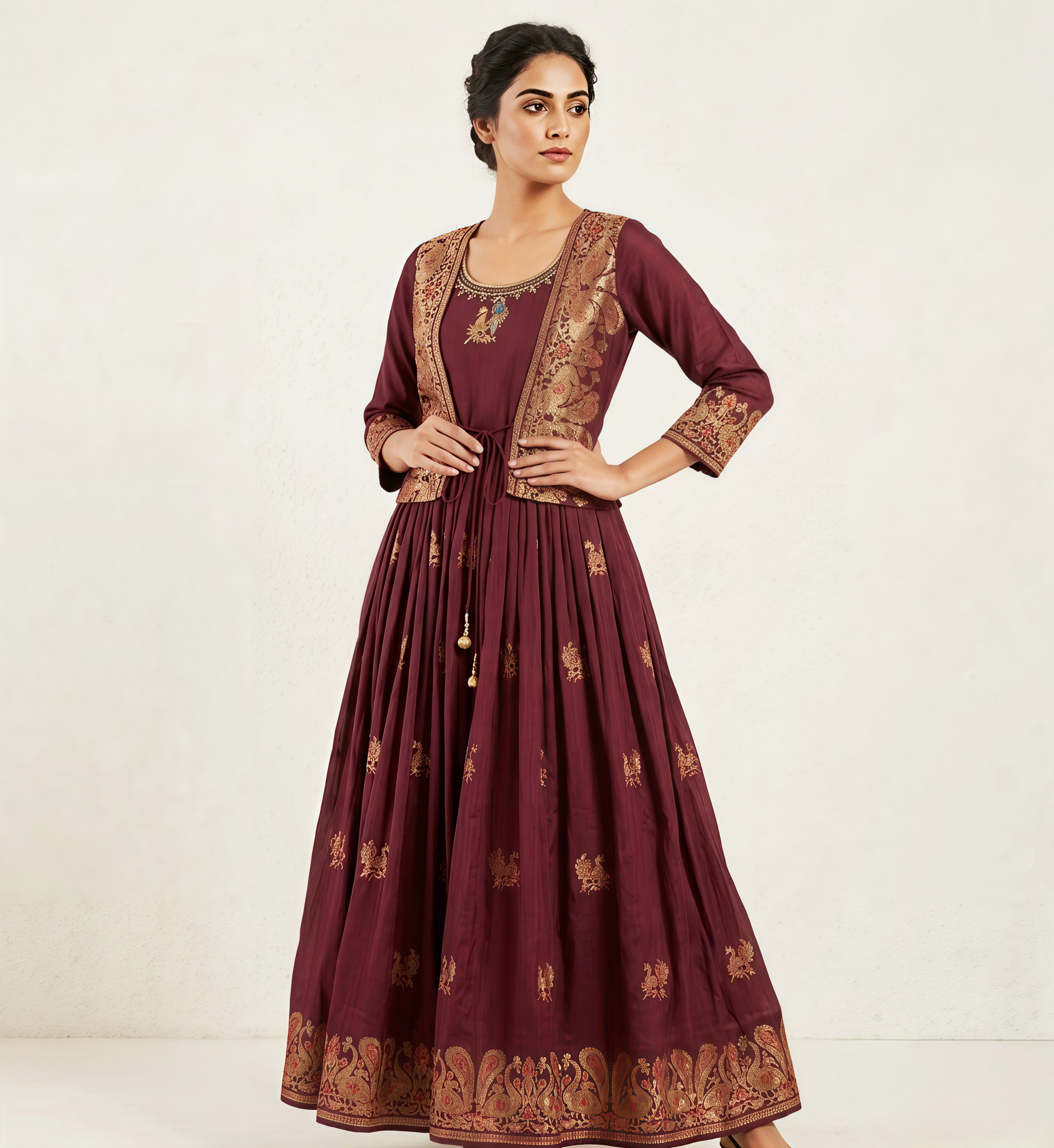 Deep Wine Embroidered Anarkali Gown with Traditional Gold Foil Koti