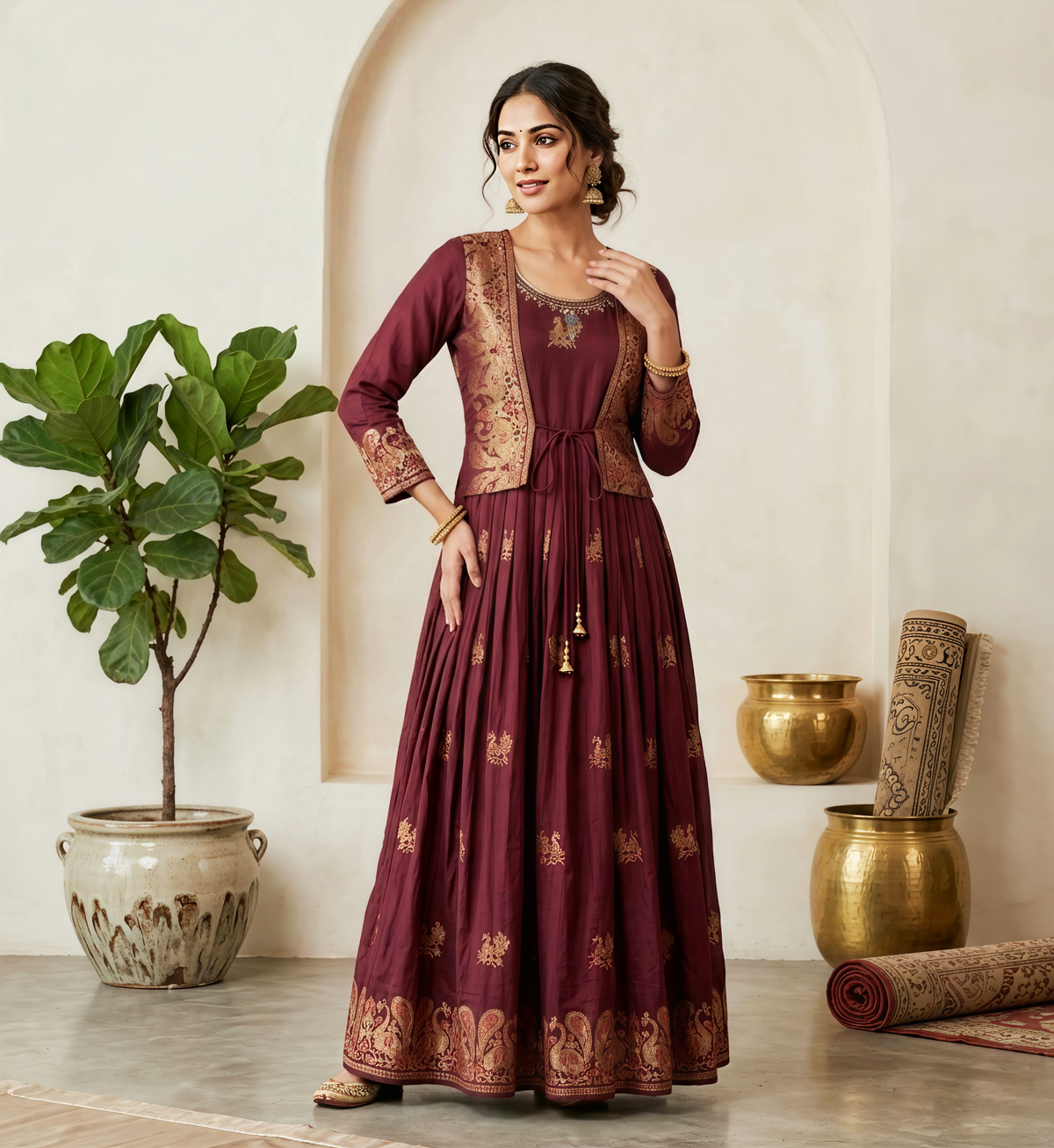 Deep Wine Embroidered Anarkali Gown with Traditional Gold Foil Koti