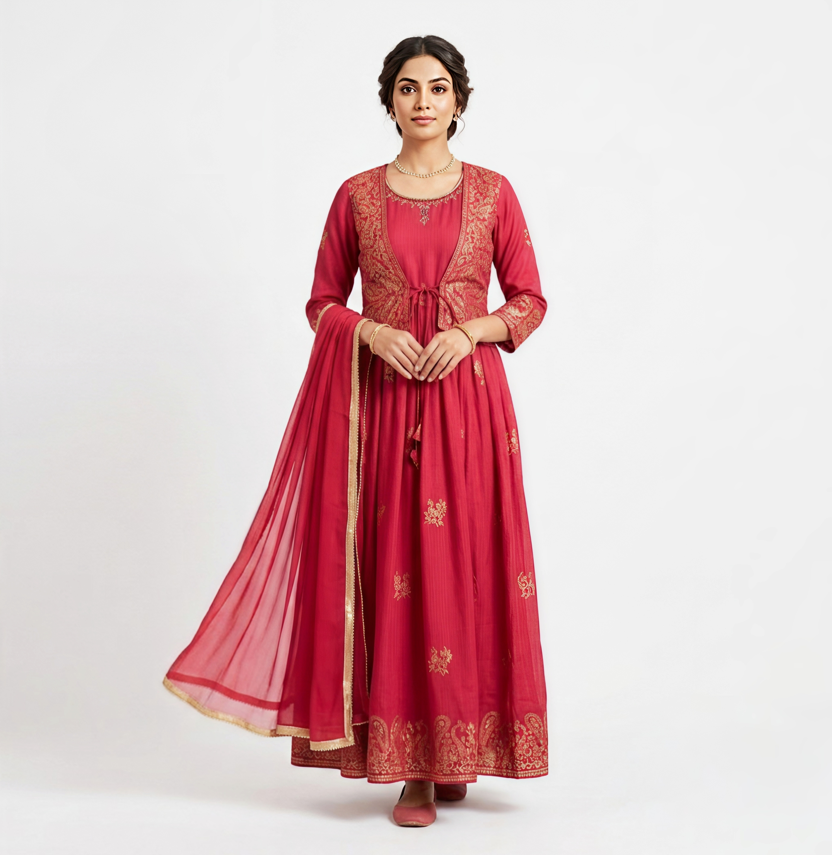 Royal Aura Rose Pink Anarkali Kurta Set with Gold Foil Print Jacket & Dupatta