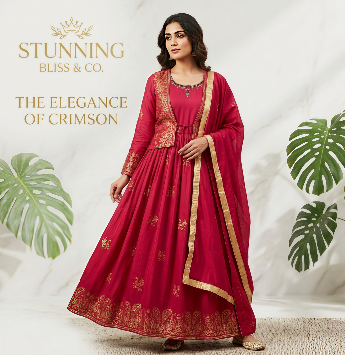Royal Aura Rose Pink Anarkali Kurta Set with Gold Foil Print Jacket & Dupatta