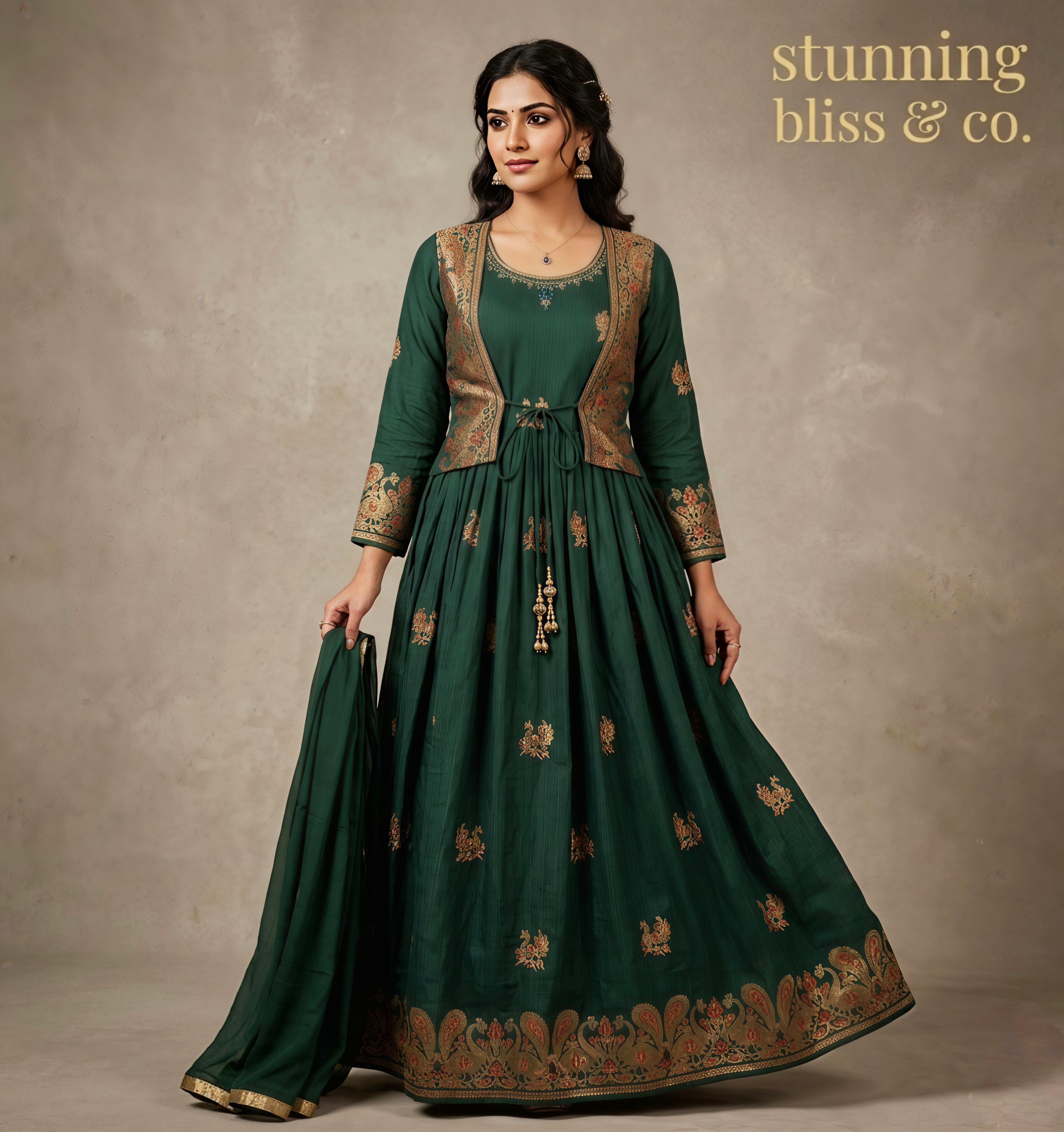Stunning Bliss Emerald Green Anarkali Kurta Set with Embroidered Koti Jacket and Dupatta