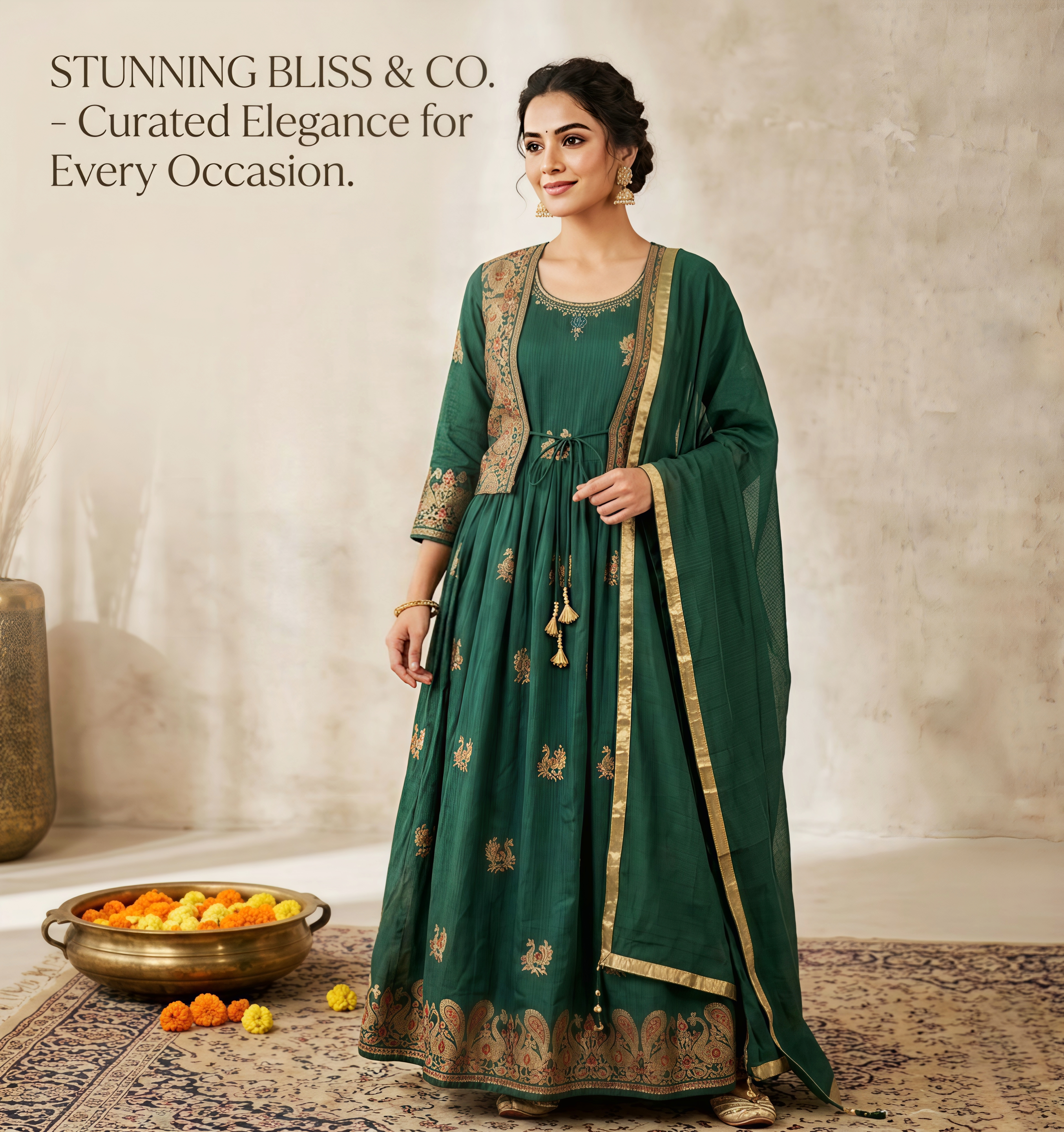 Stunning Bliss Emerald Green Anarkali Kurta Set with Embroidered Koti Jacket and Dupatta