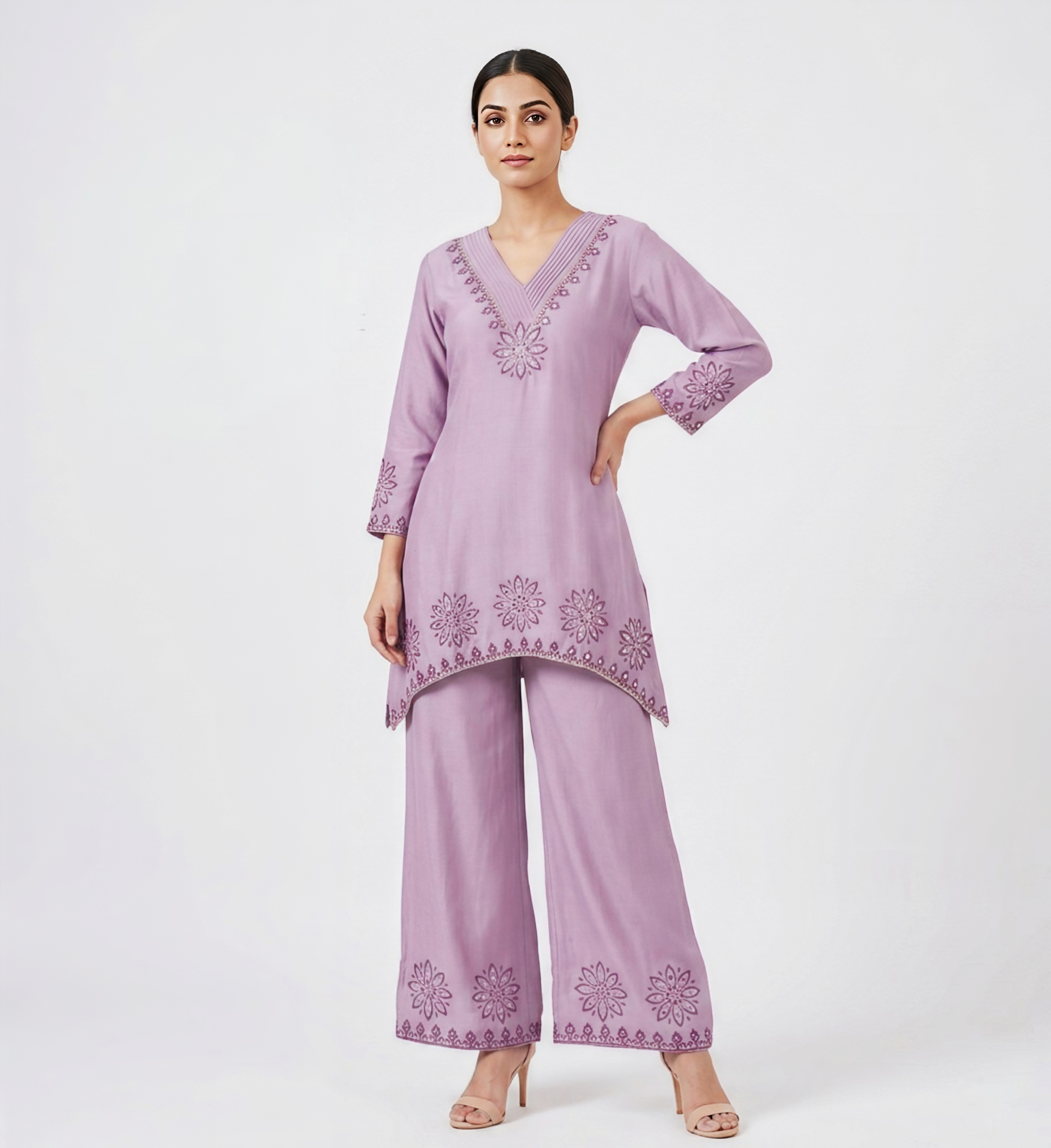 Lavender Embroidered V-Neck Kurti with Matching Wide-Leg Trousers – 2 Piece Co-ord Set