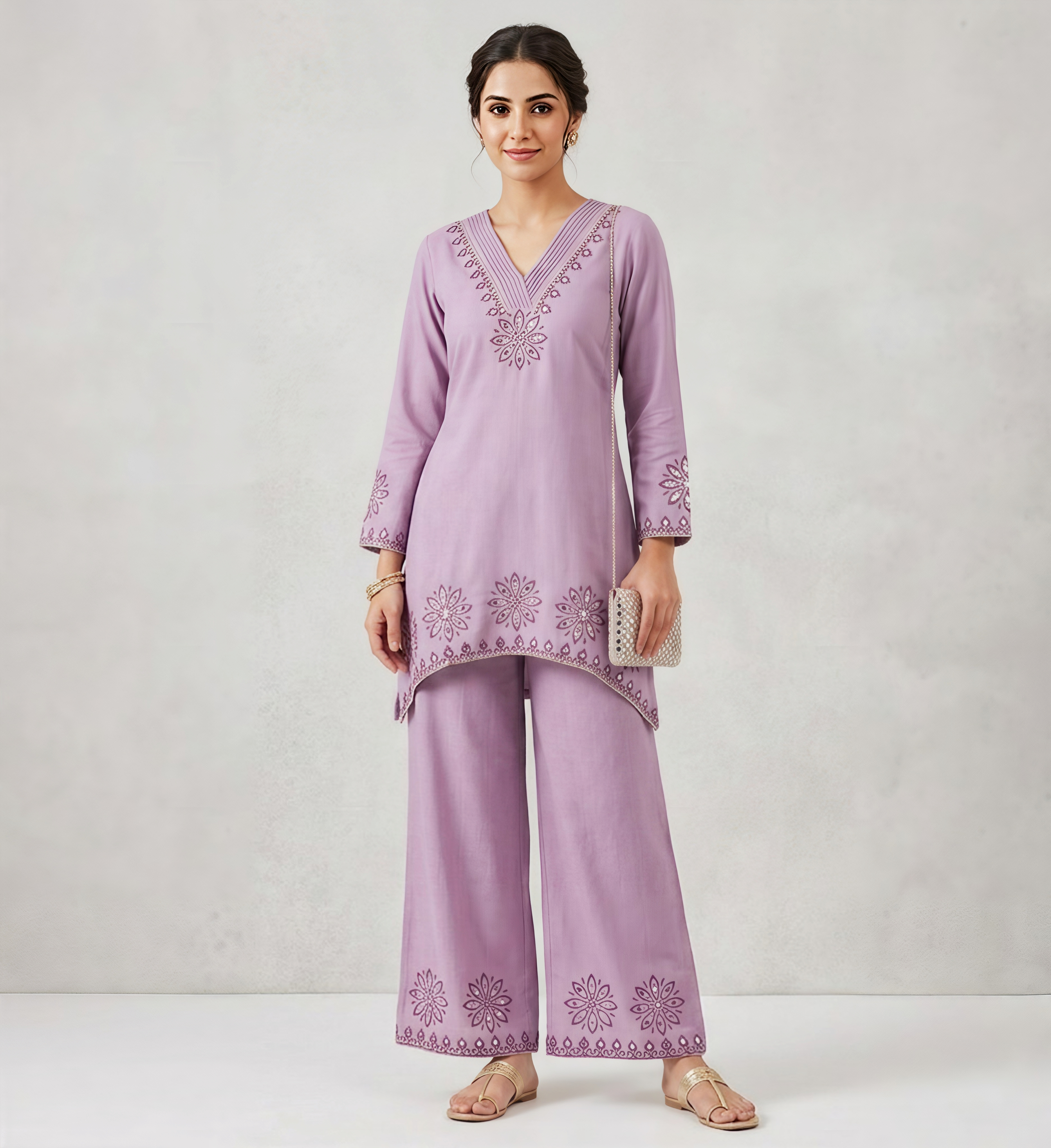 Lavender Embroidered V-Neck Kurti with Matching Wide-Leg Trousers – 2 Piece Co-ord Set