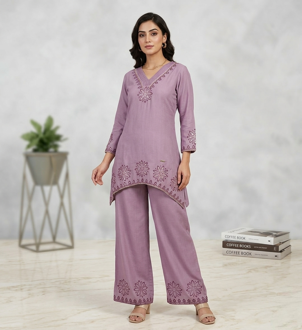 Lavender Embroidered V-Neck Kurti with Matching Wide-Leg Trousers – 2 Piece Co-ord Set