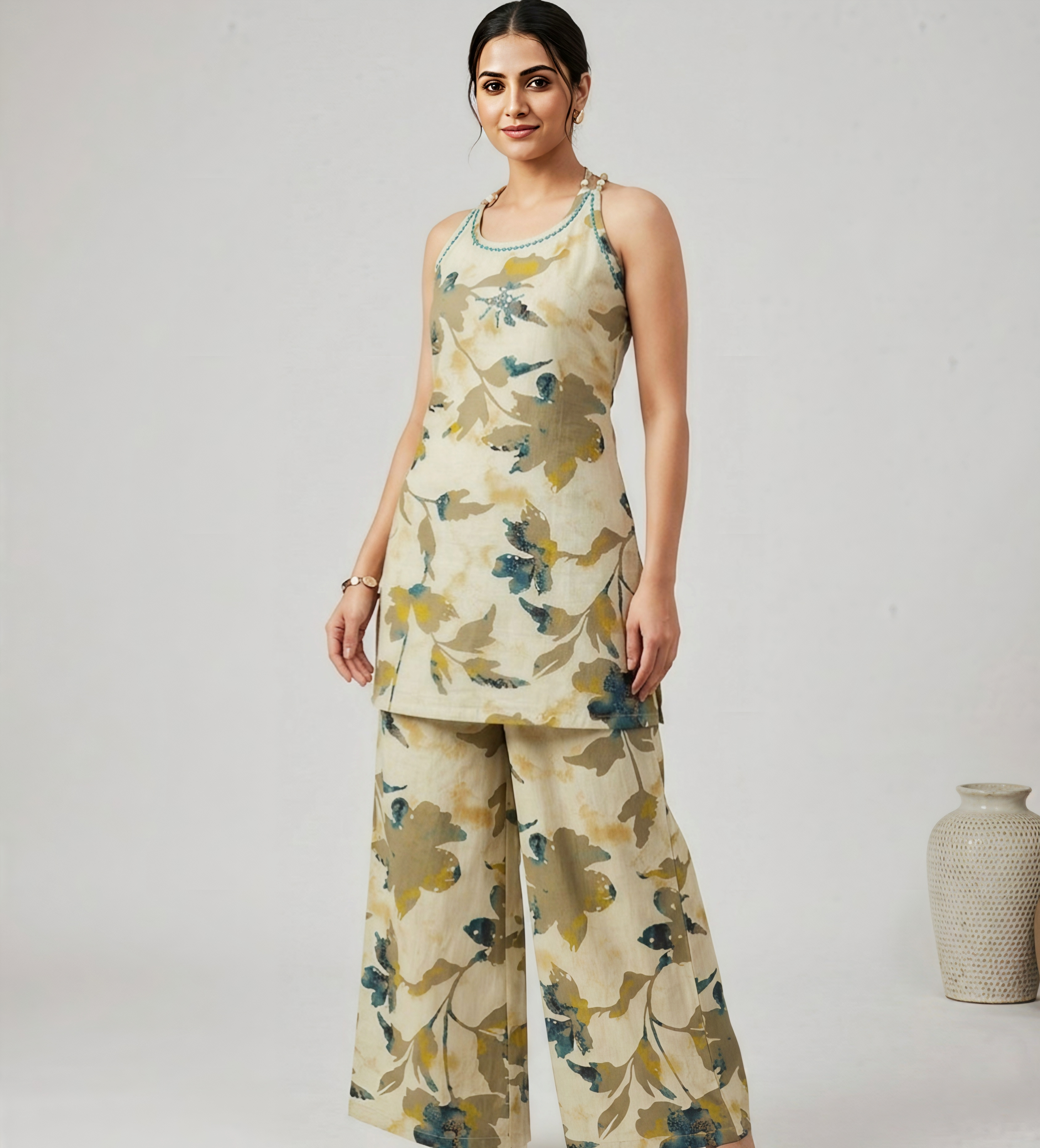 Sage Floral Printed Halter Tunic with Wide-Leg Trousers – 2 Piece Co-ord Set