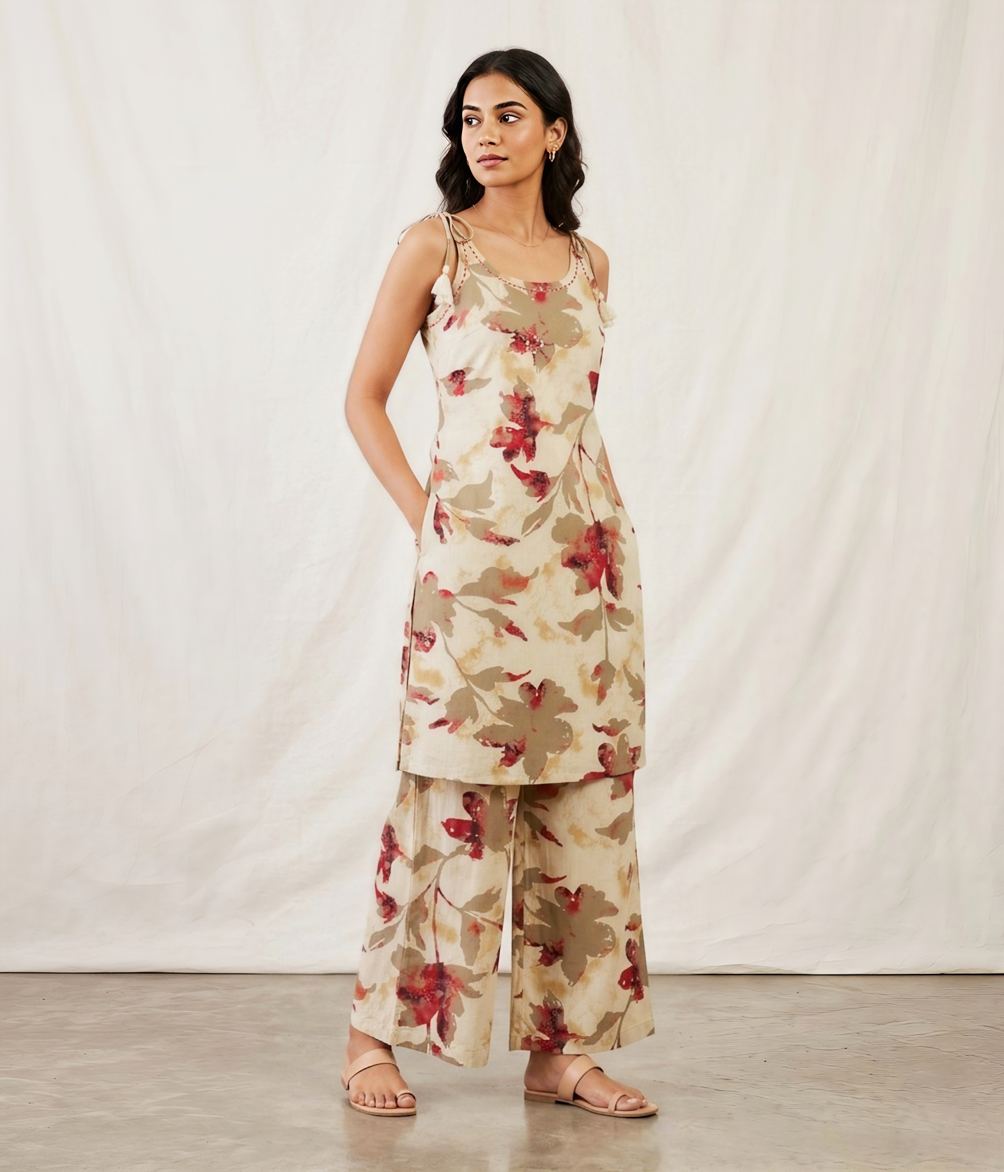 Elegant Beige & Crimson Floral Fusion Co-ord Set