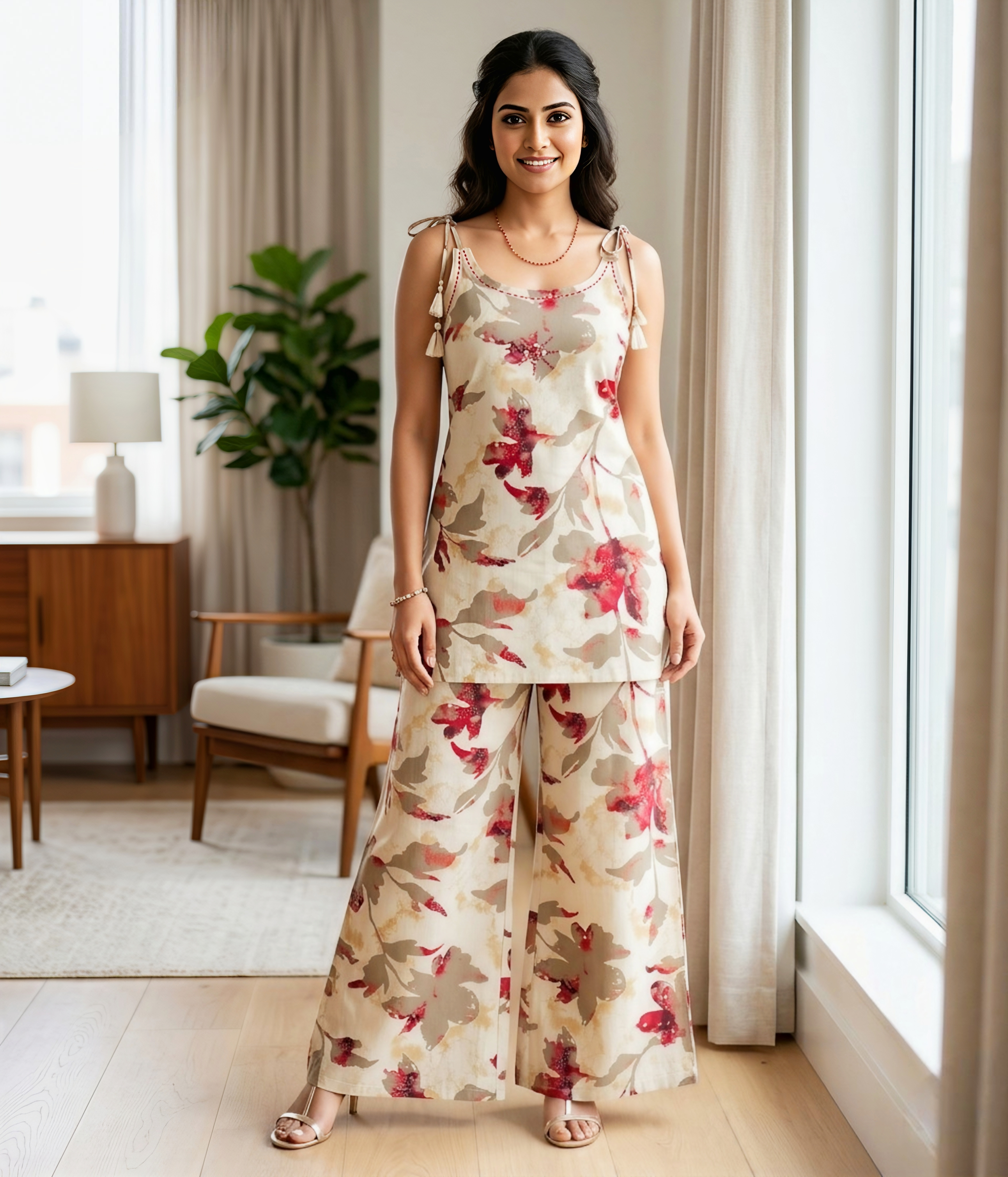 Elegant Beige & Crimson Floral Fusion Co-ord Set