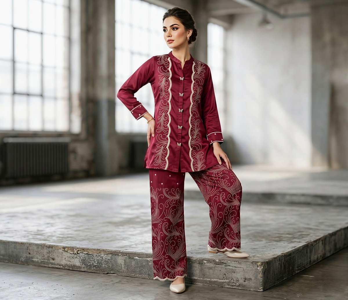 Gaji Silk Deep Maroon Embroidered Co-ord Set with Scalloped Hem