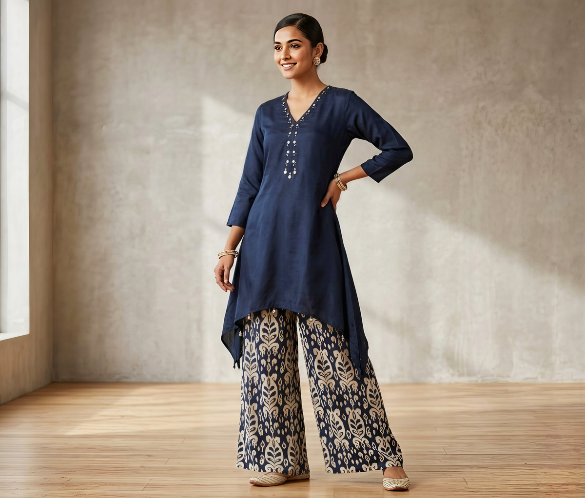 Midnight Navy Asymmetric Kurta with Ikat Print Palazzo Set