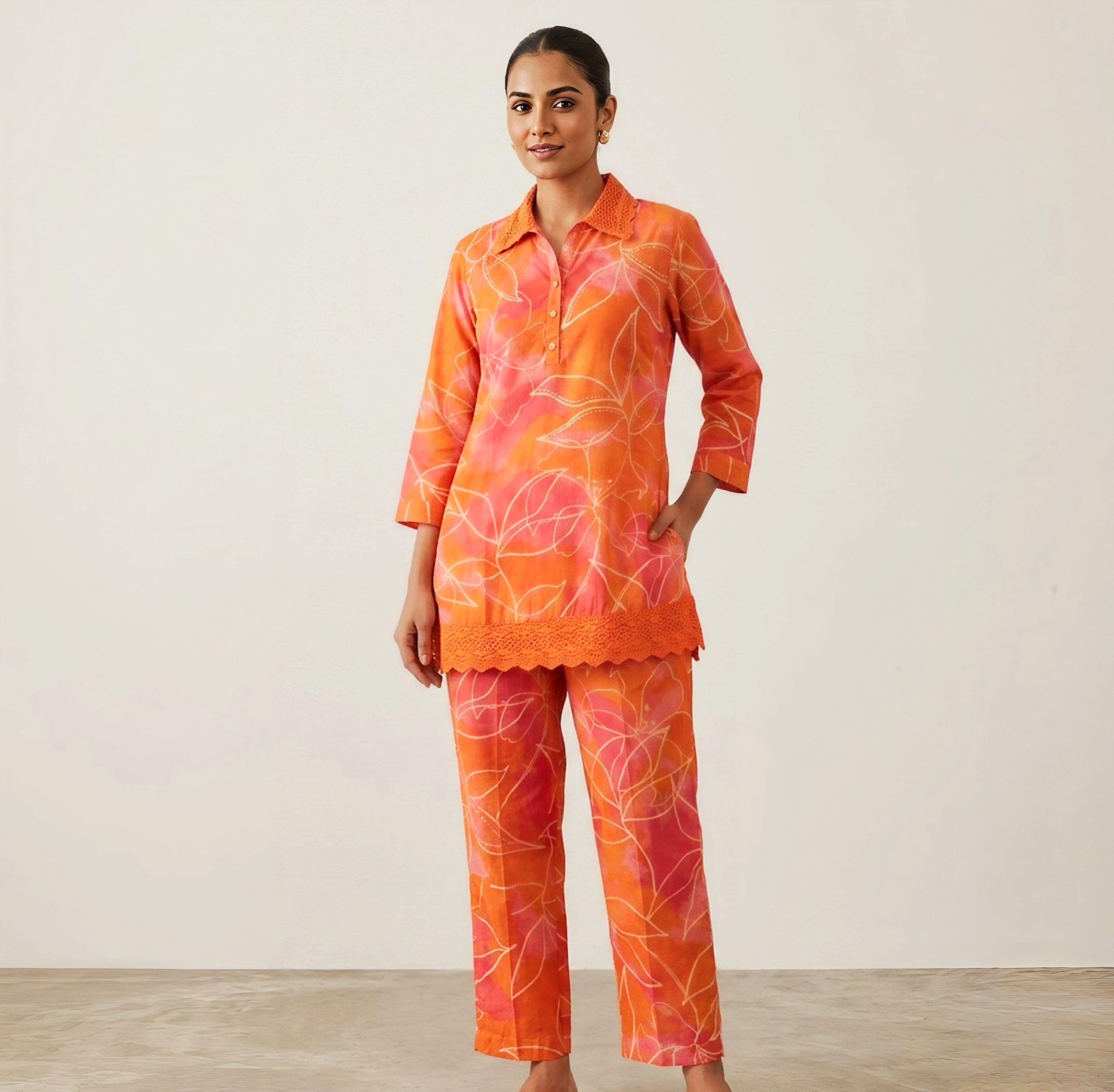 Peach Blossom Floral Print Cotton Co-ord Set