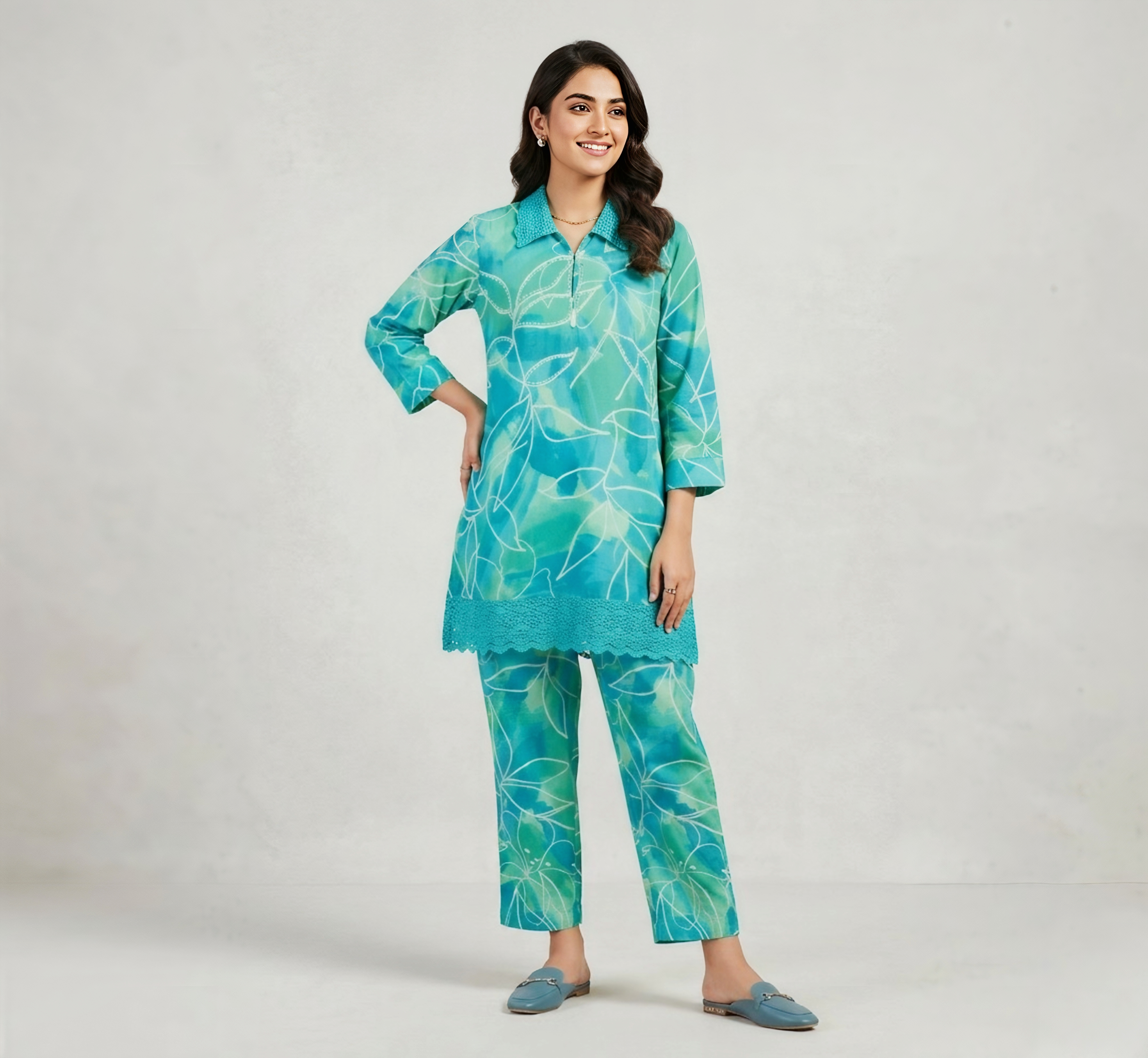 Teal & Seafoam Floral Printed Kurta with Palazzo Pants Co-ord Set