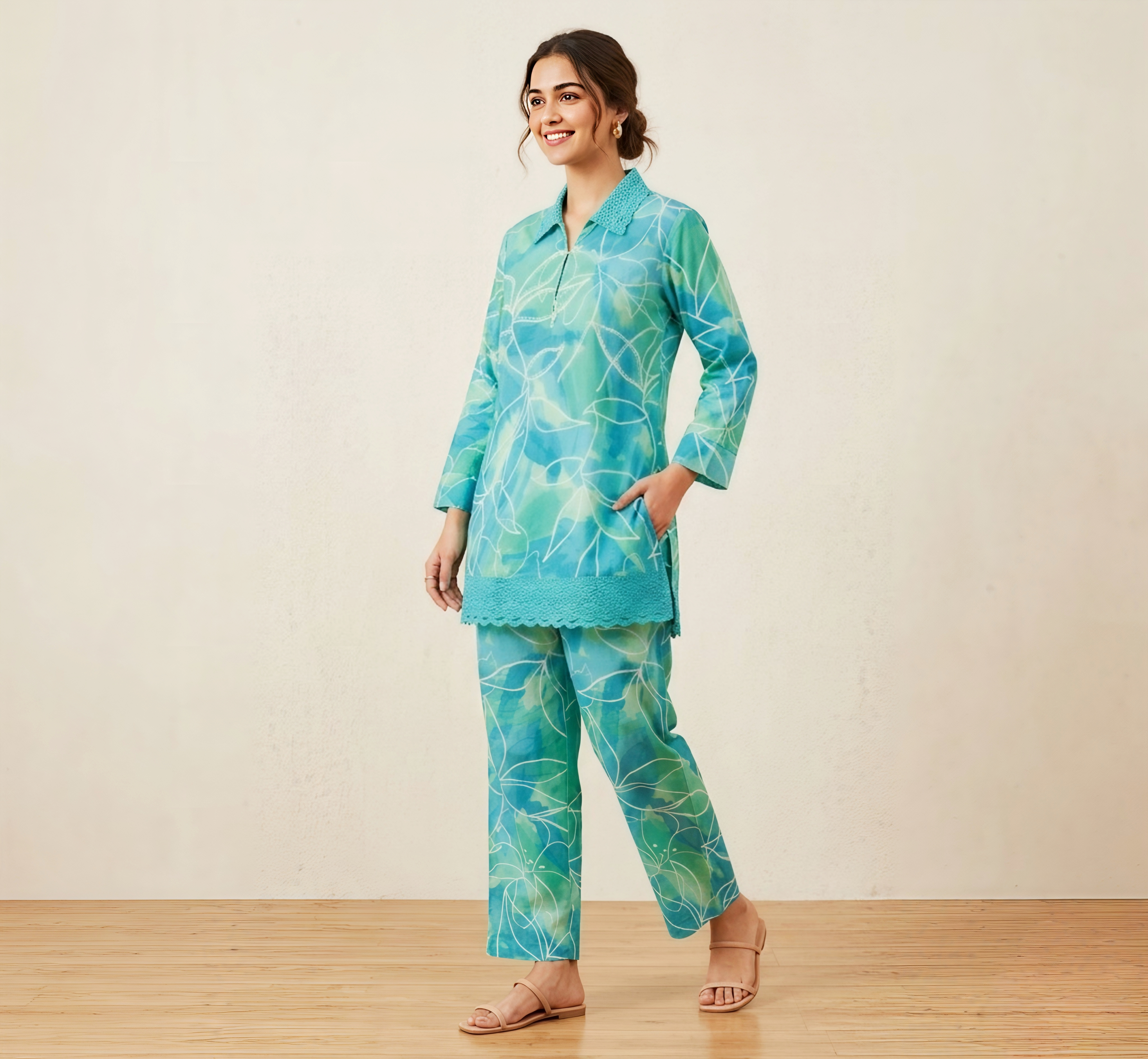 Teal & Seafoam Floral Printed Kurta with Palazzo Pants Co-ord Set