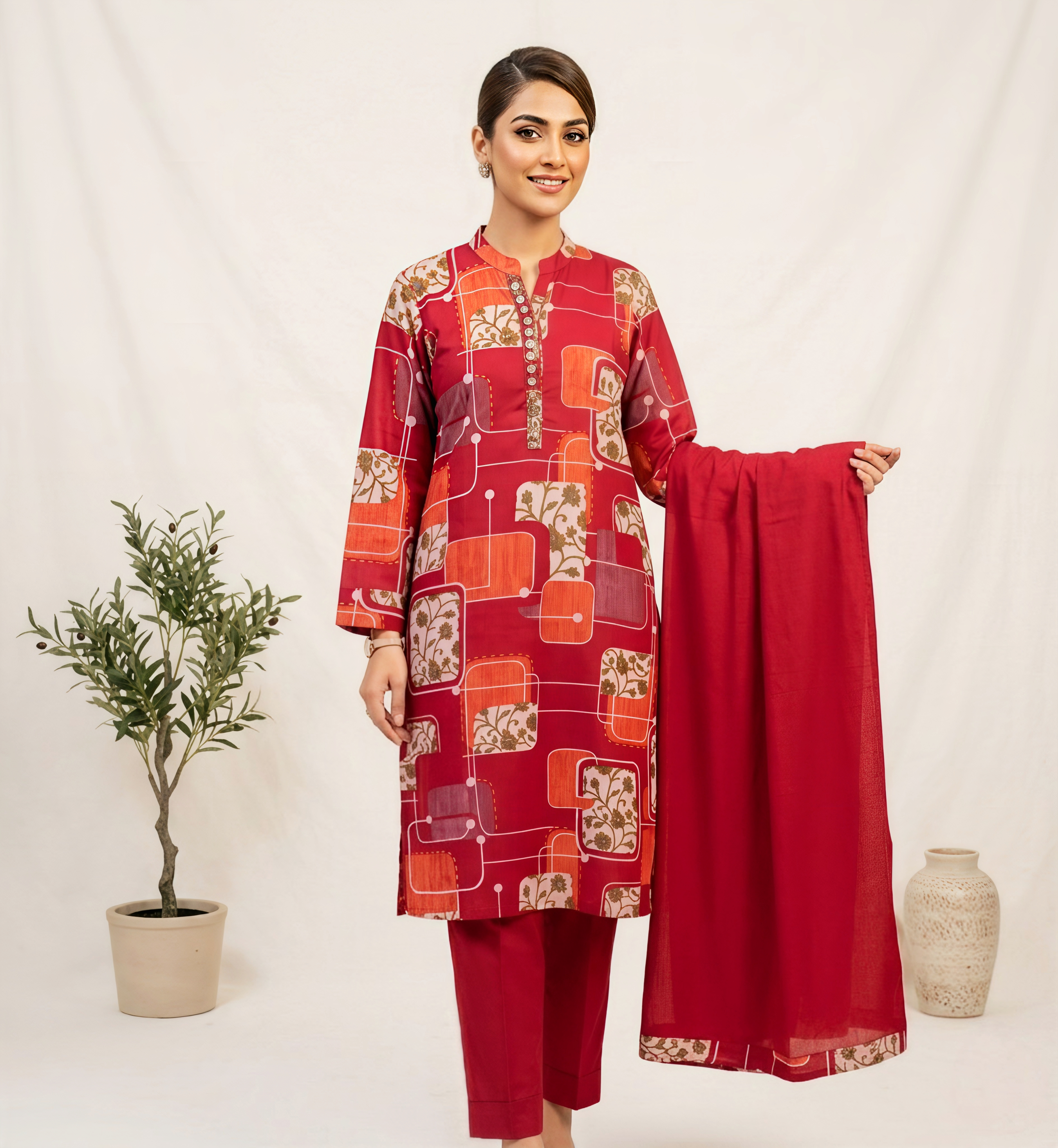 Maroon Geometric Floral Printed 3-Piece Kurta Set with Dupatta & Trousers