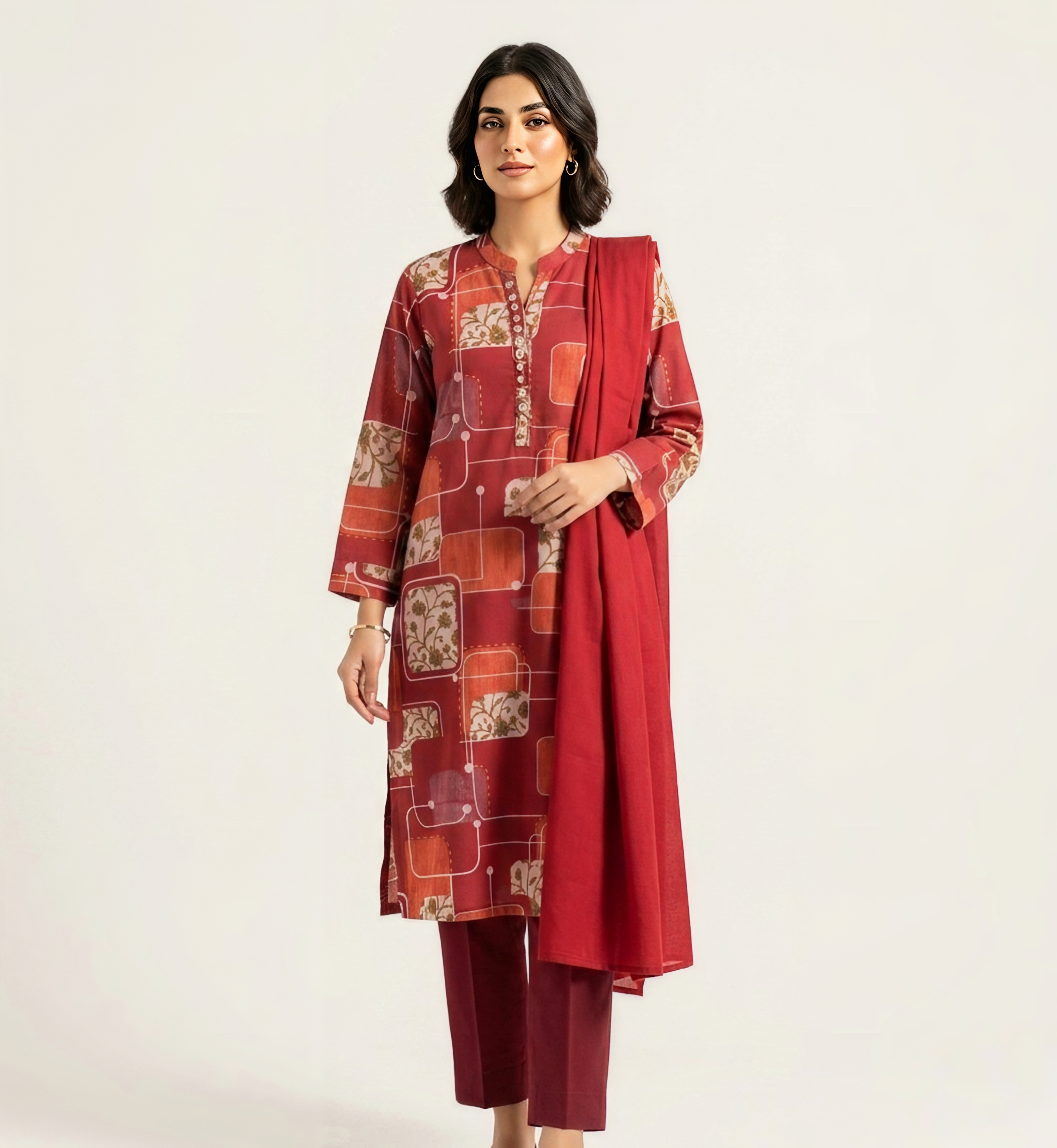 Maroon Geometric Floral Printed 3-Piece Kurta Set with Dupatta & Trousers