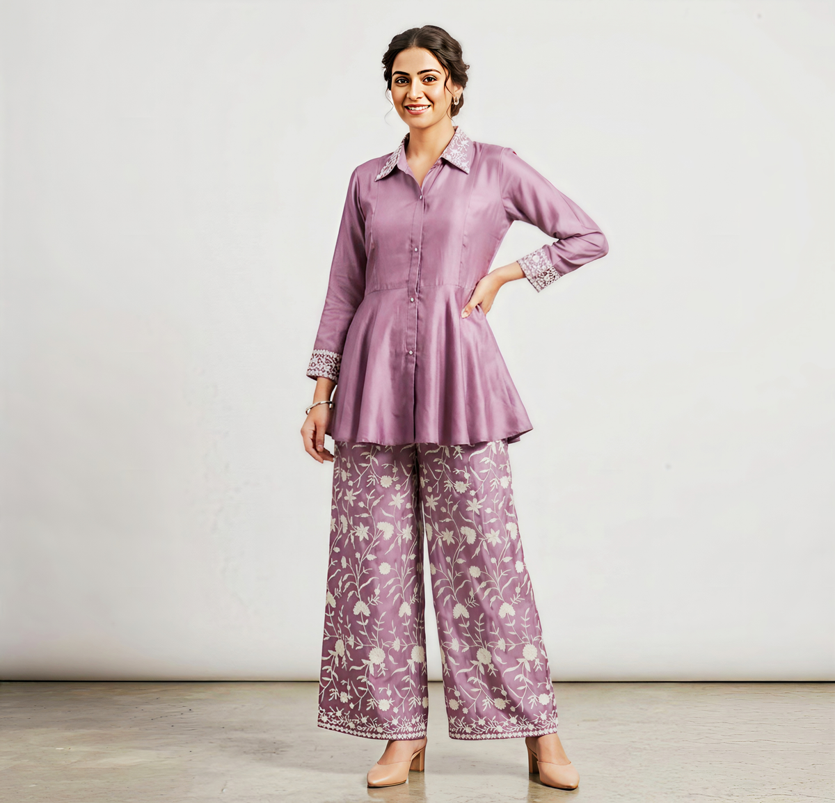 Mauve Gaji Silk Peplum Tunic and Floral Print Wide-Leg Pant Co-ord Set