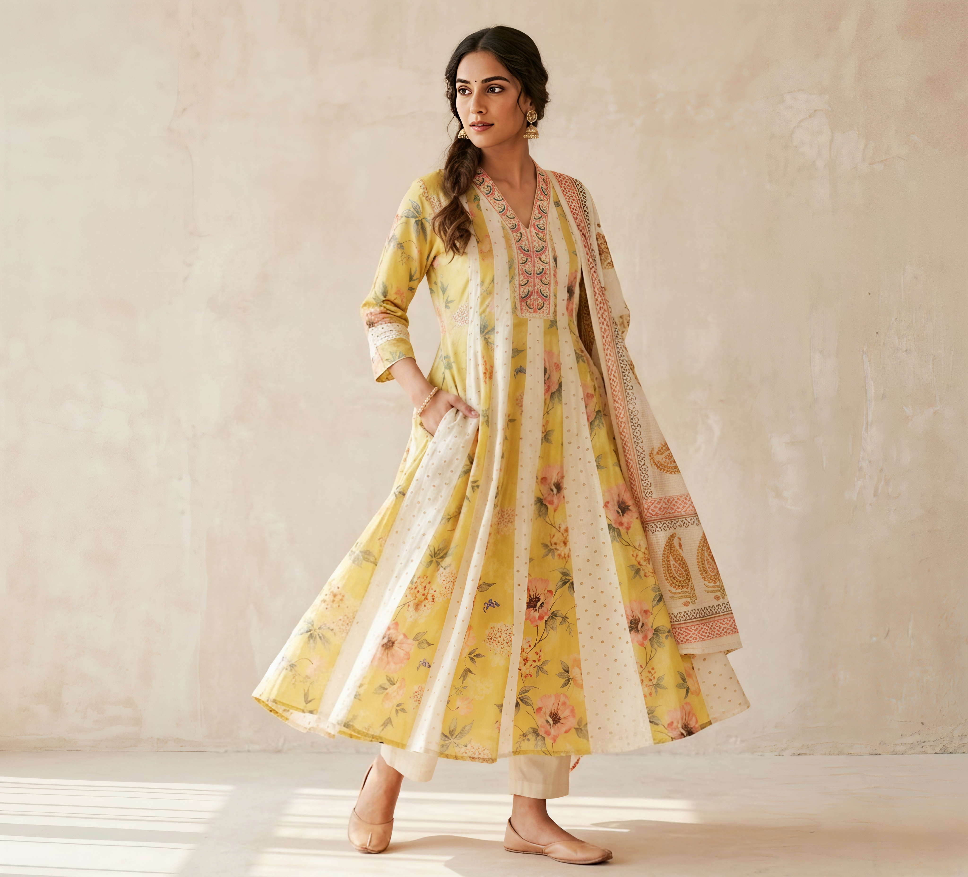 Pastel Olive Floral Print Anarkali Kurta Set with Embroidered Neckline and Printed Dupatta