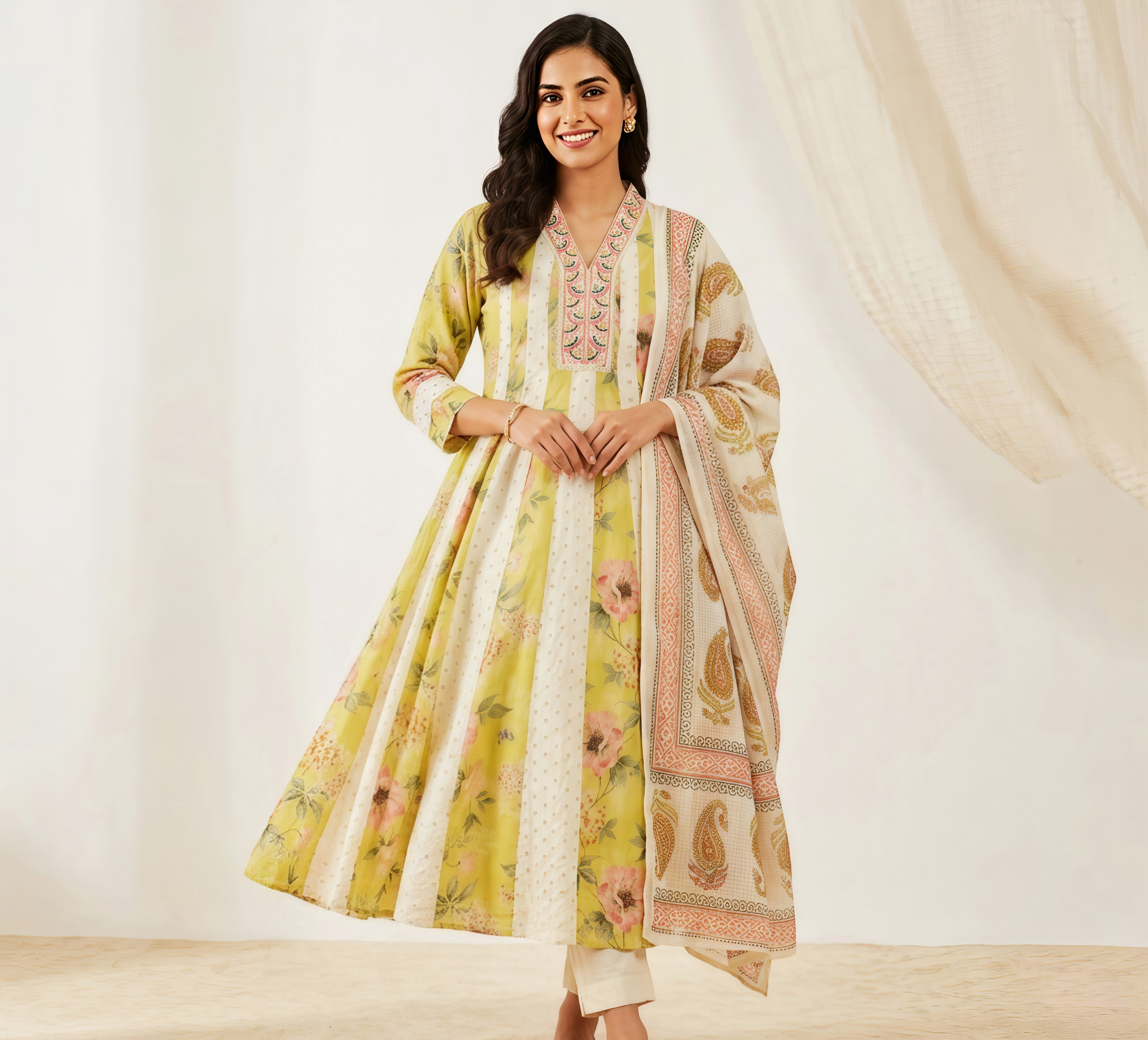 Pastel Olive Floral Print Anarkali Kurta Set with Embroidered Neckline and Printed Dupatta