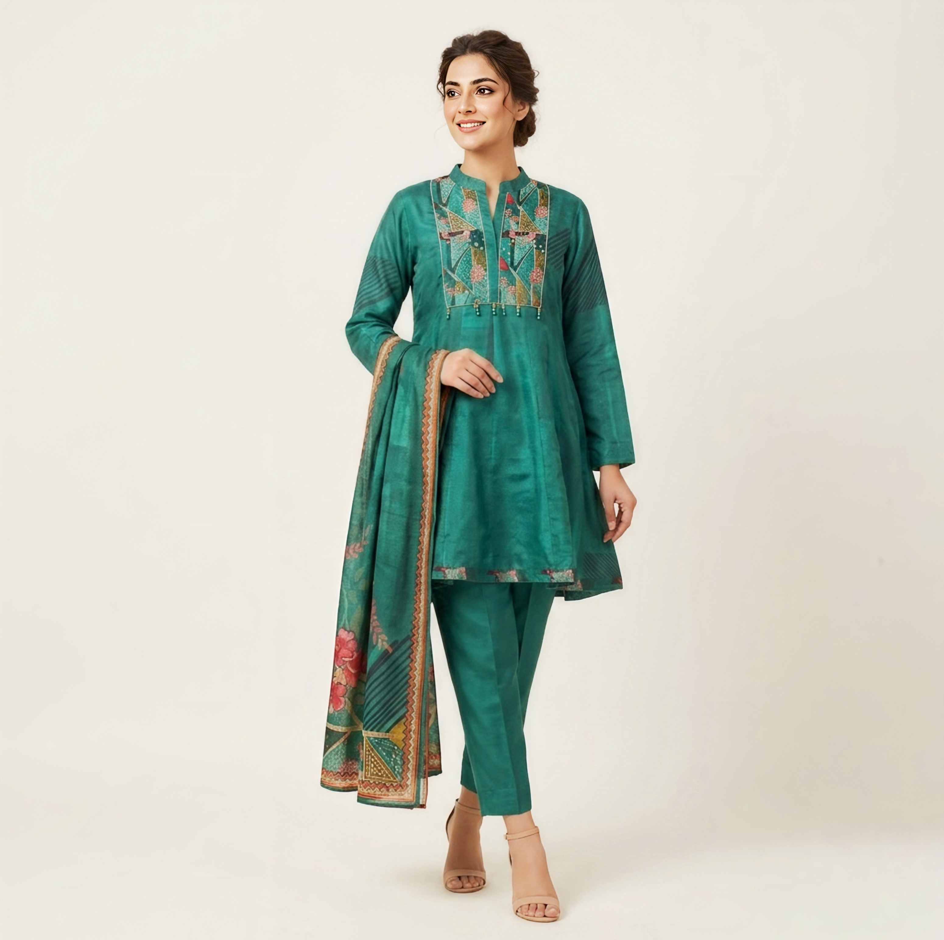 Teal Silk Embroidered A-Line Kurta Set with Floral Print Dupatta - 3 Piece