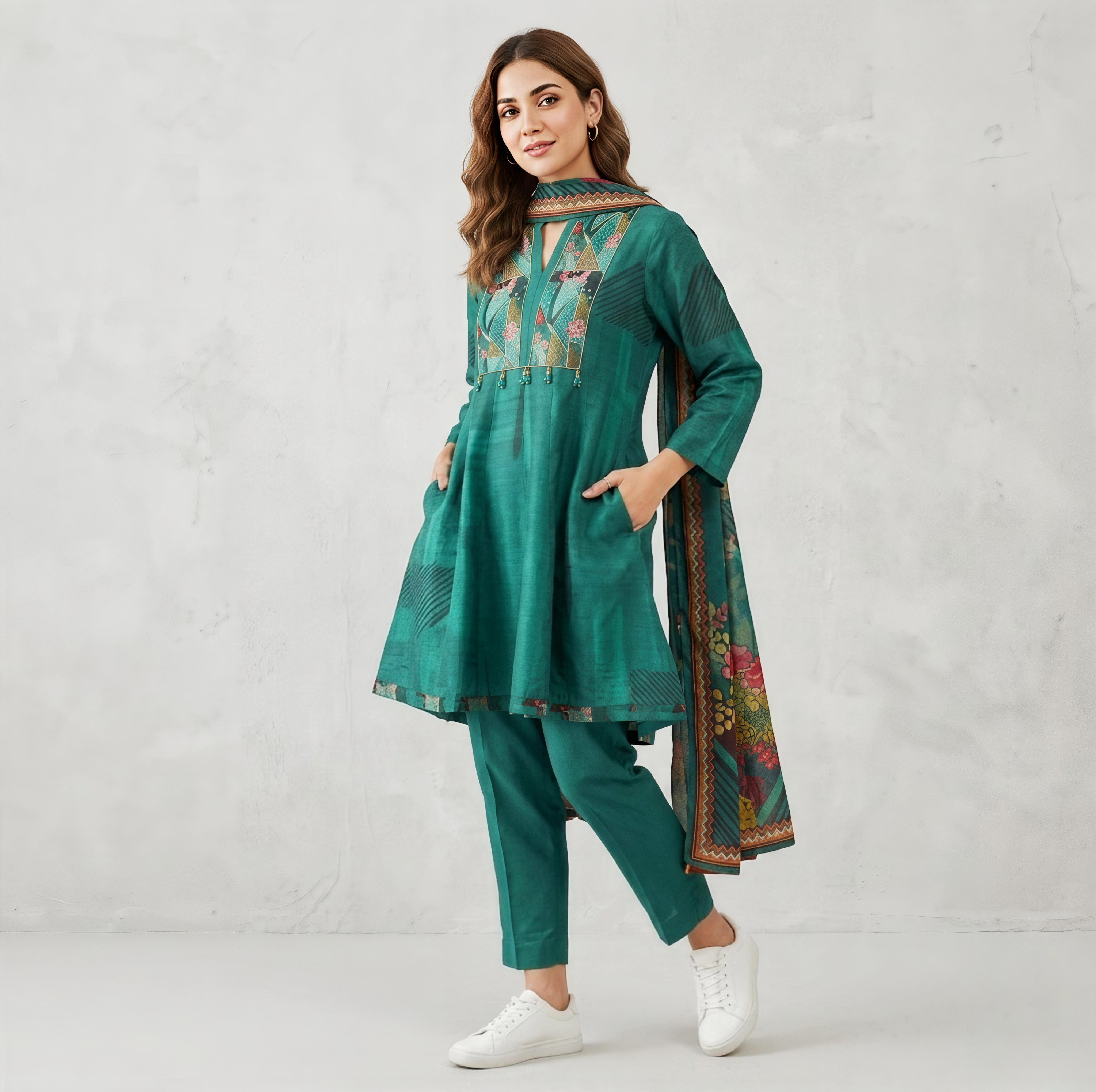 Teal Silk Embroidered A-Line Kurta Set with Floral Print Dupatta - 3 Piece