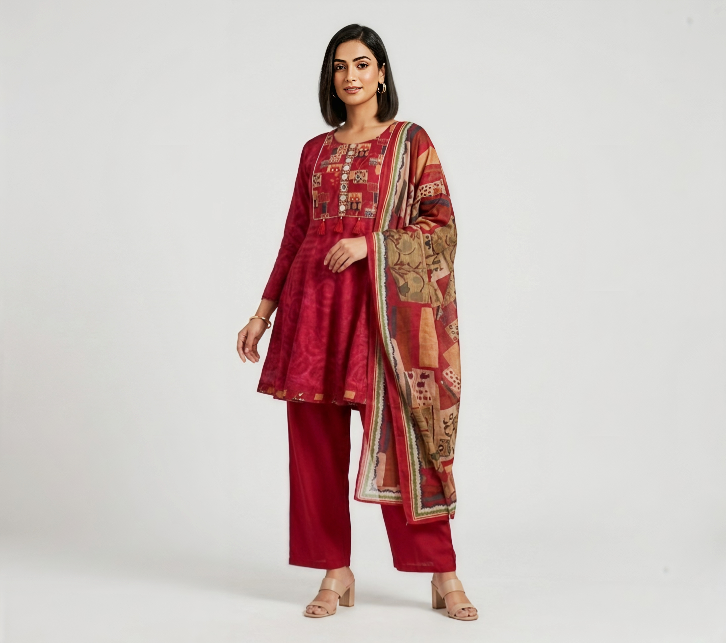 Deep Wine Embroidered A-Line Kurta Set with Printed Dupatta & Trousers