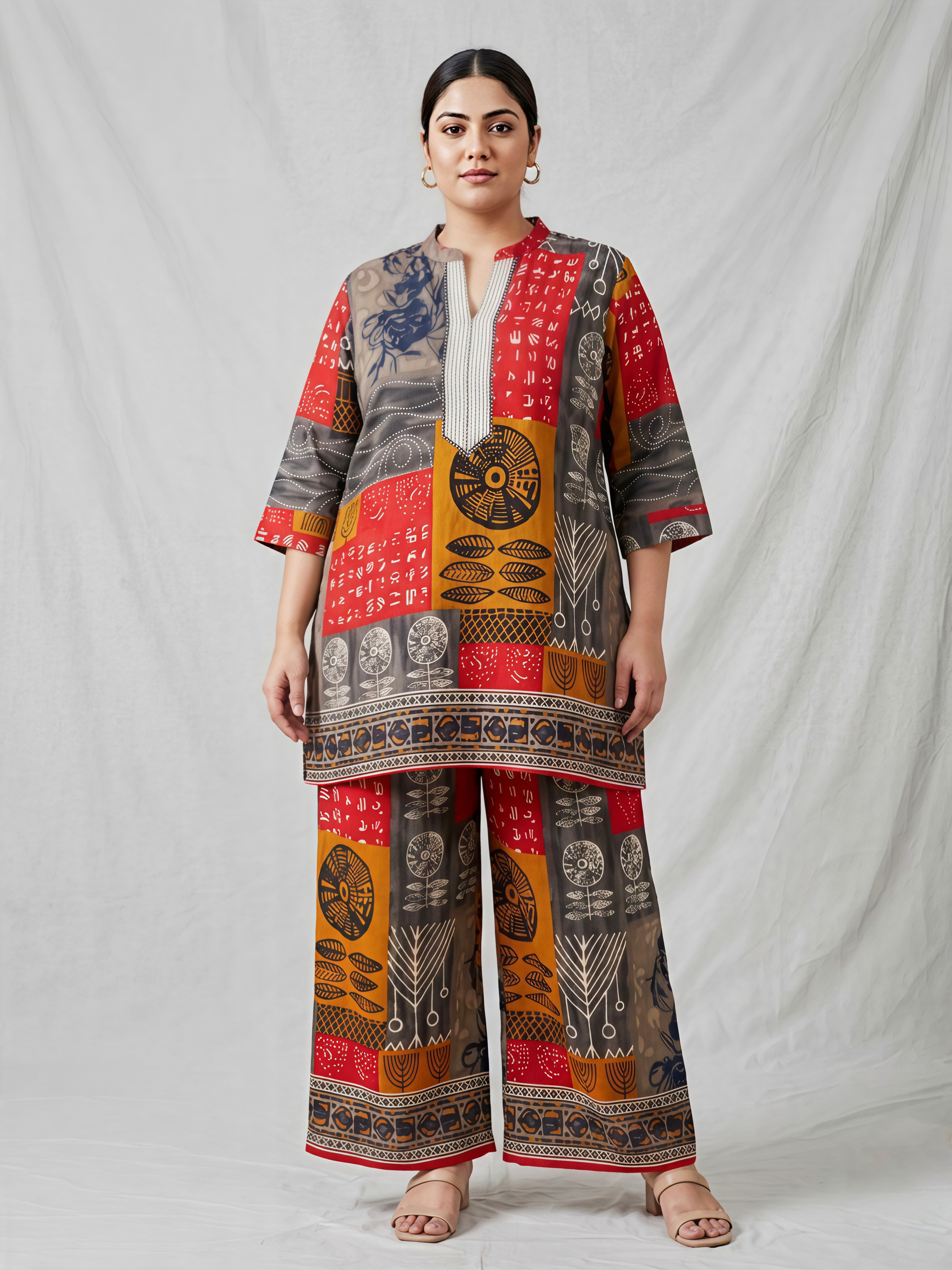 Abstract Patchwork Print Silk Co-ord Set with Mandarian Collar