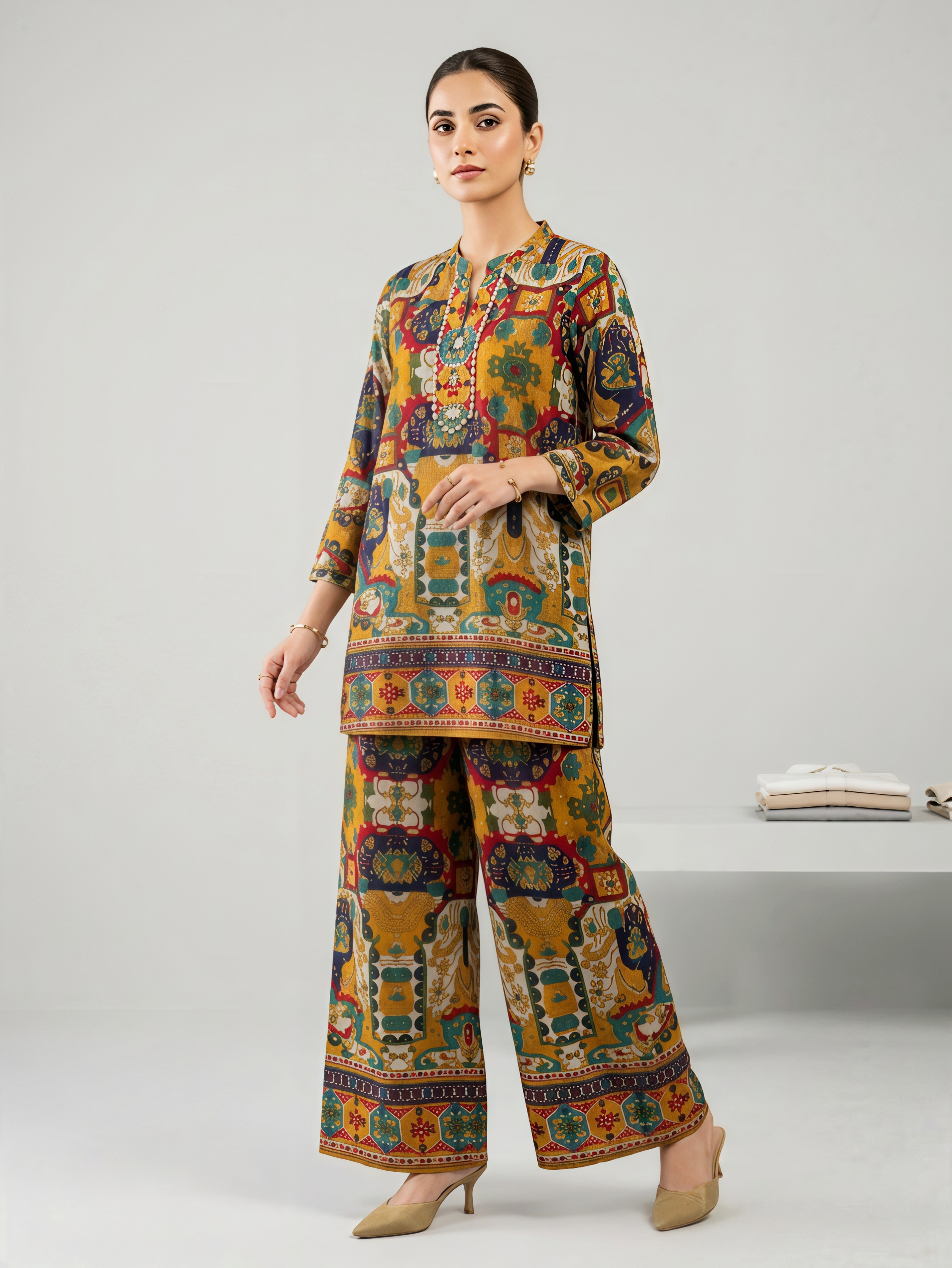 Multicolor Ethnic Print Cotton Co-ord Set with Palazzo Pants