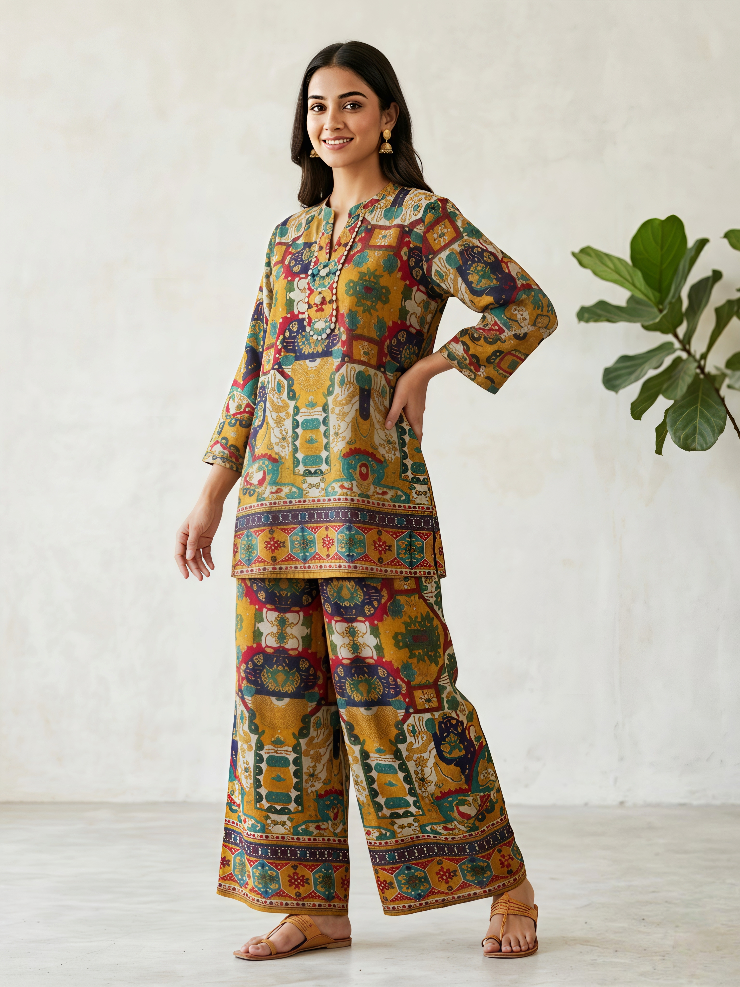 Multicolor Ethnic Print Cotton Co-ord Set with Palazzo Pants