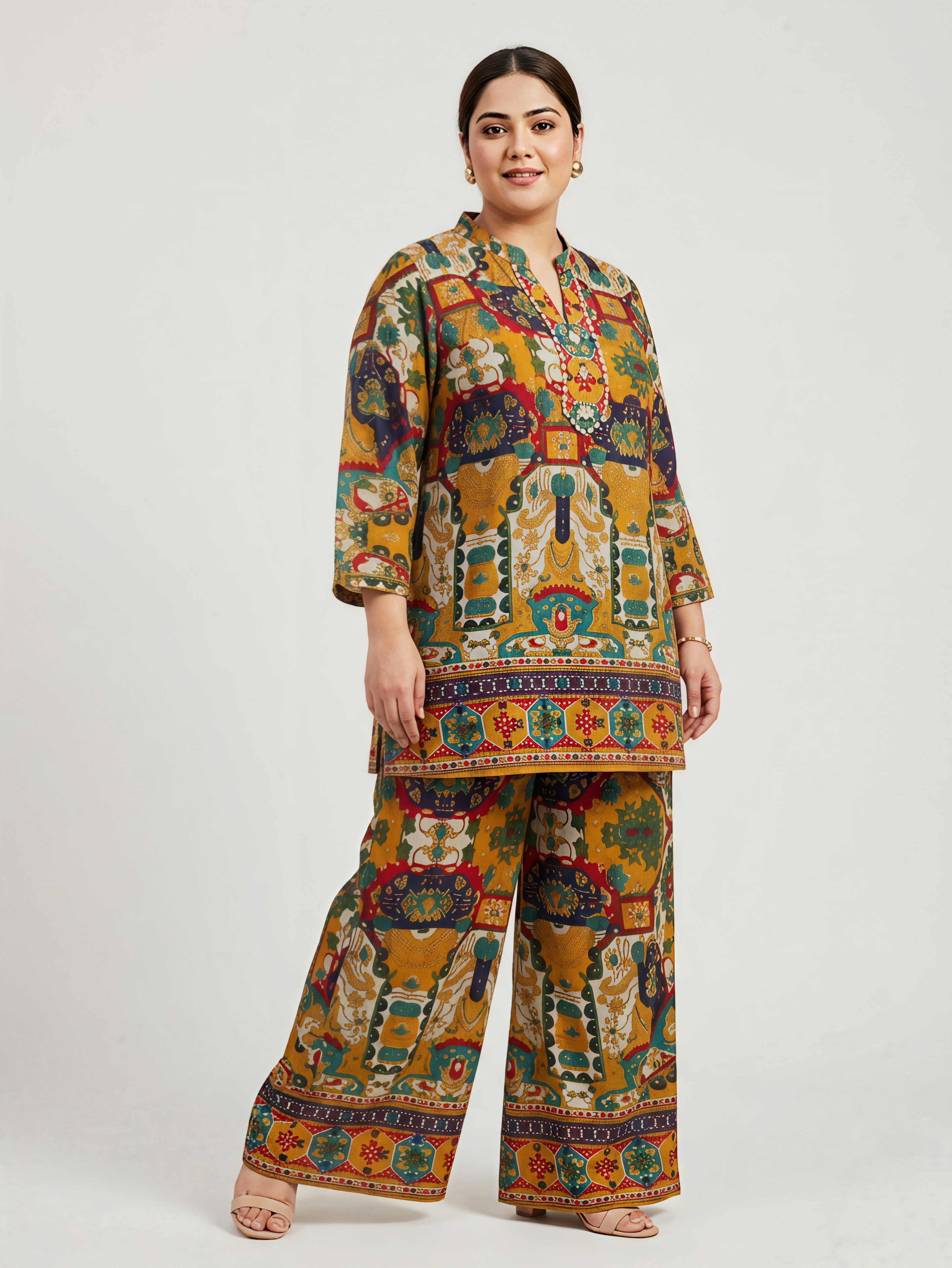 Multicolor Ethnic Print Cotton Co-ord Set with Palazzo Pants