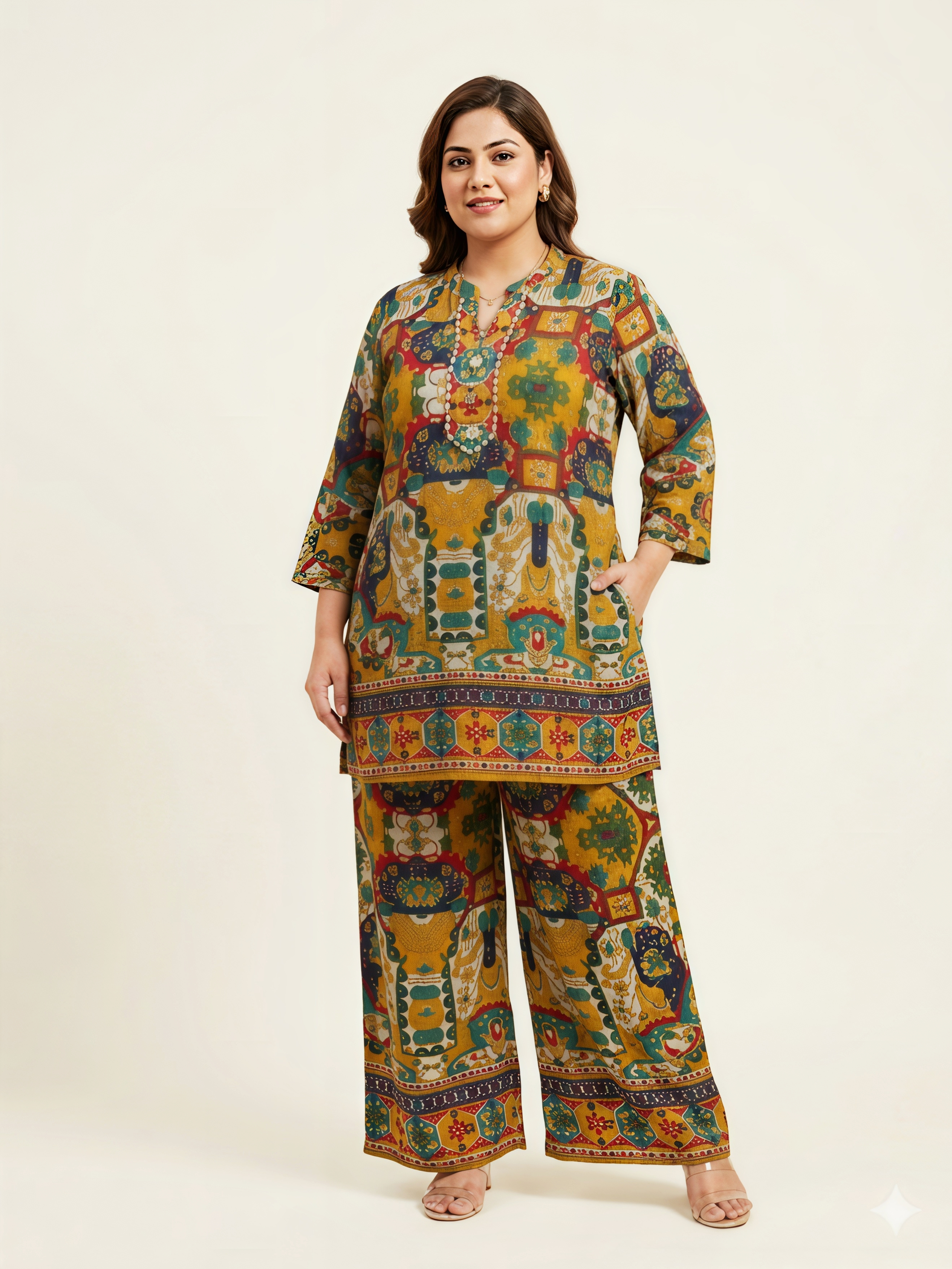 Multicolor Ethnic Print Cotton Co-ord Set with Palazzo Pants