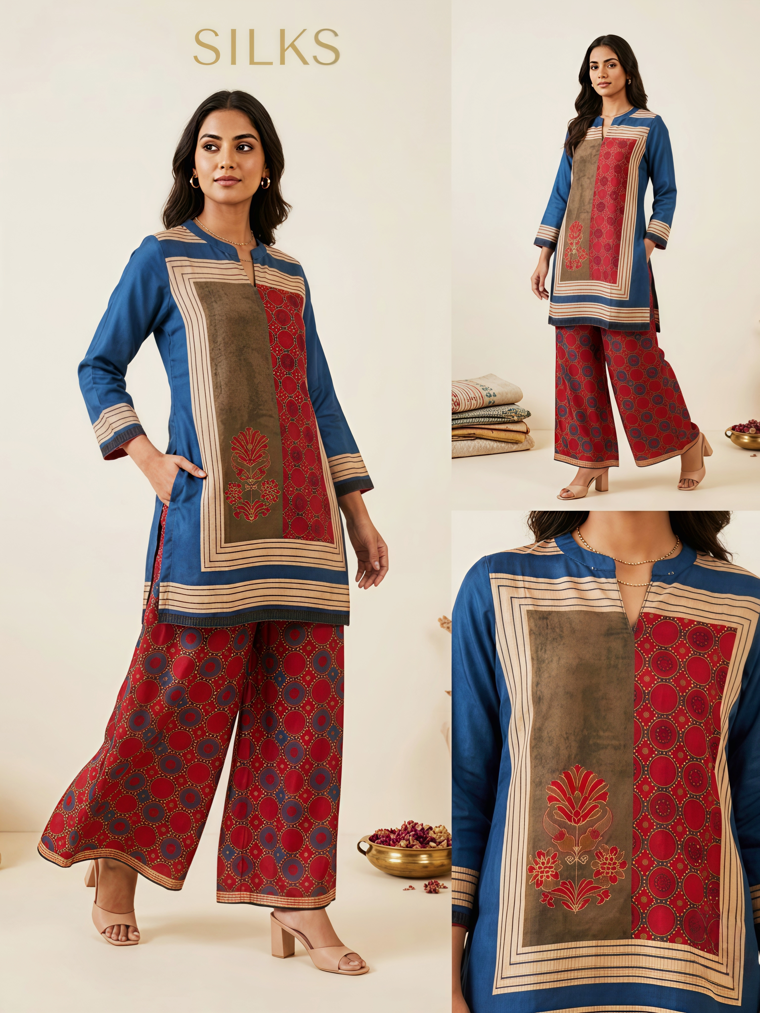 Premium Silk Printed Kurta & Palazzo Co-ord Set in Prussian Blue