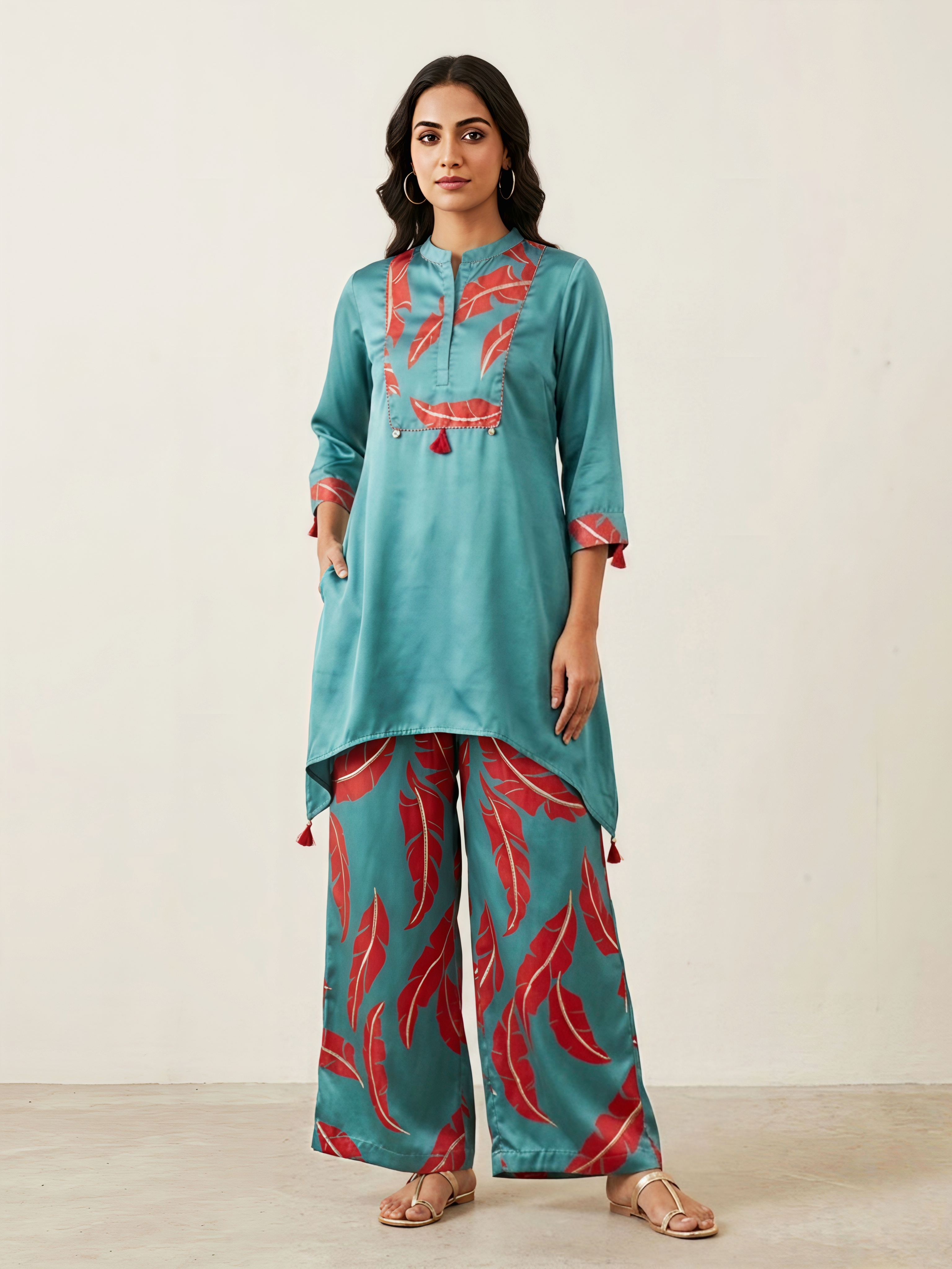 Teal Gaji Silk Feather Print Co-ord Set with Mandarian Collar & Tassel Detail