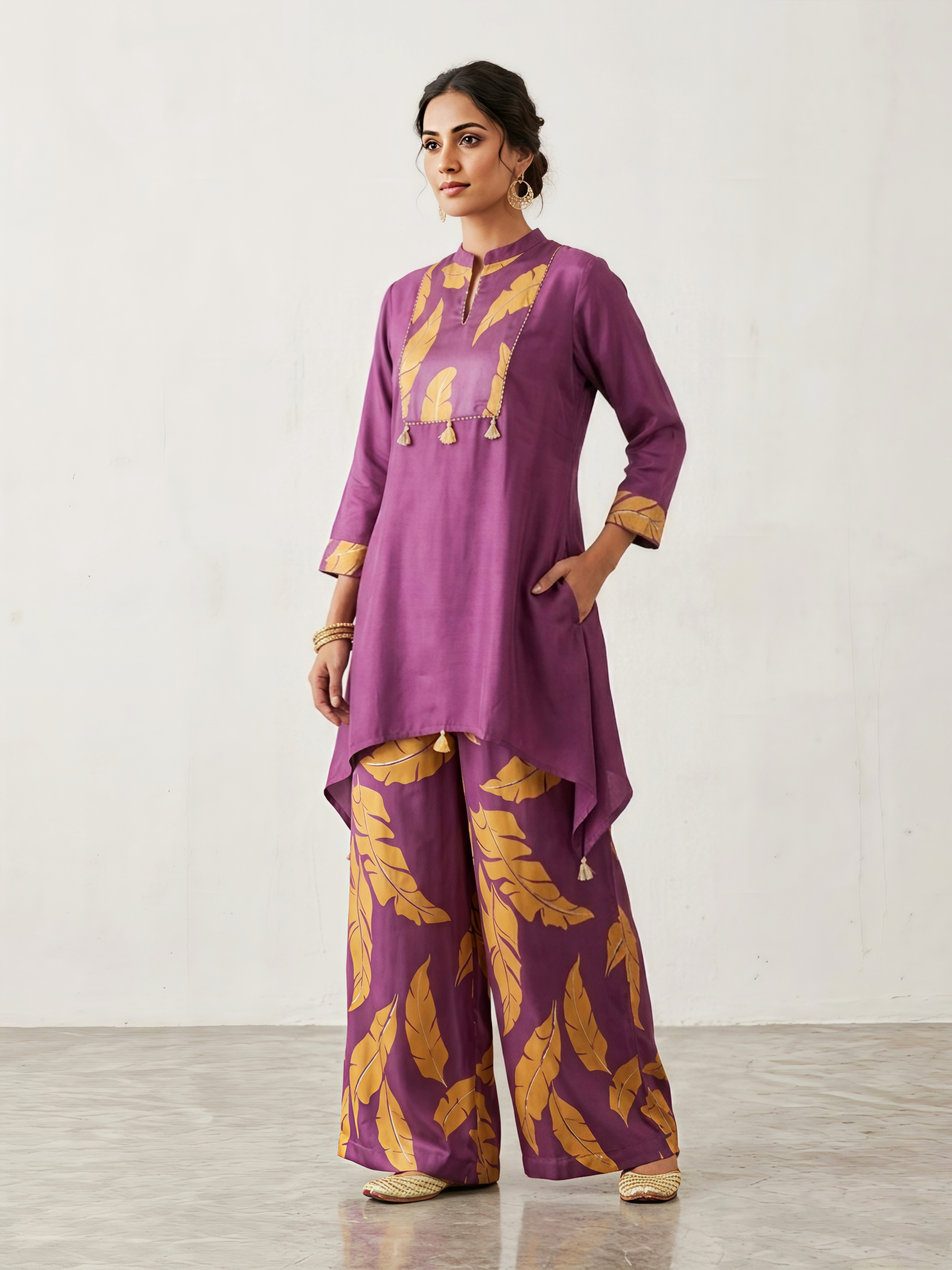 Vibrant Purple Gaji Silk Leaf Motif Co-ord Set with High-Low Tunic