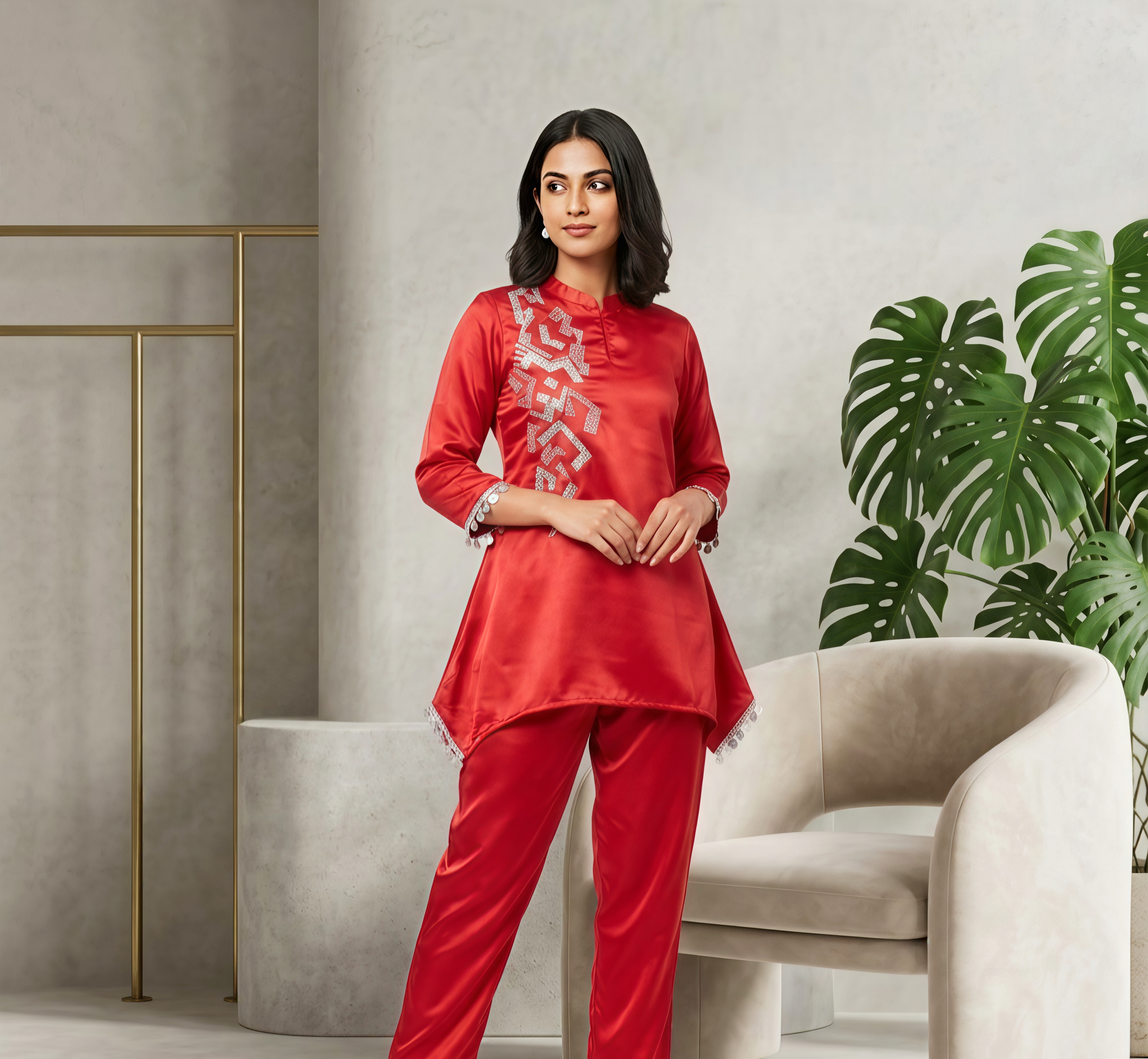 Royal Tomato Red Silk Co-ord Set with Hand-Embellished Geometric Motif