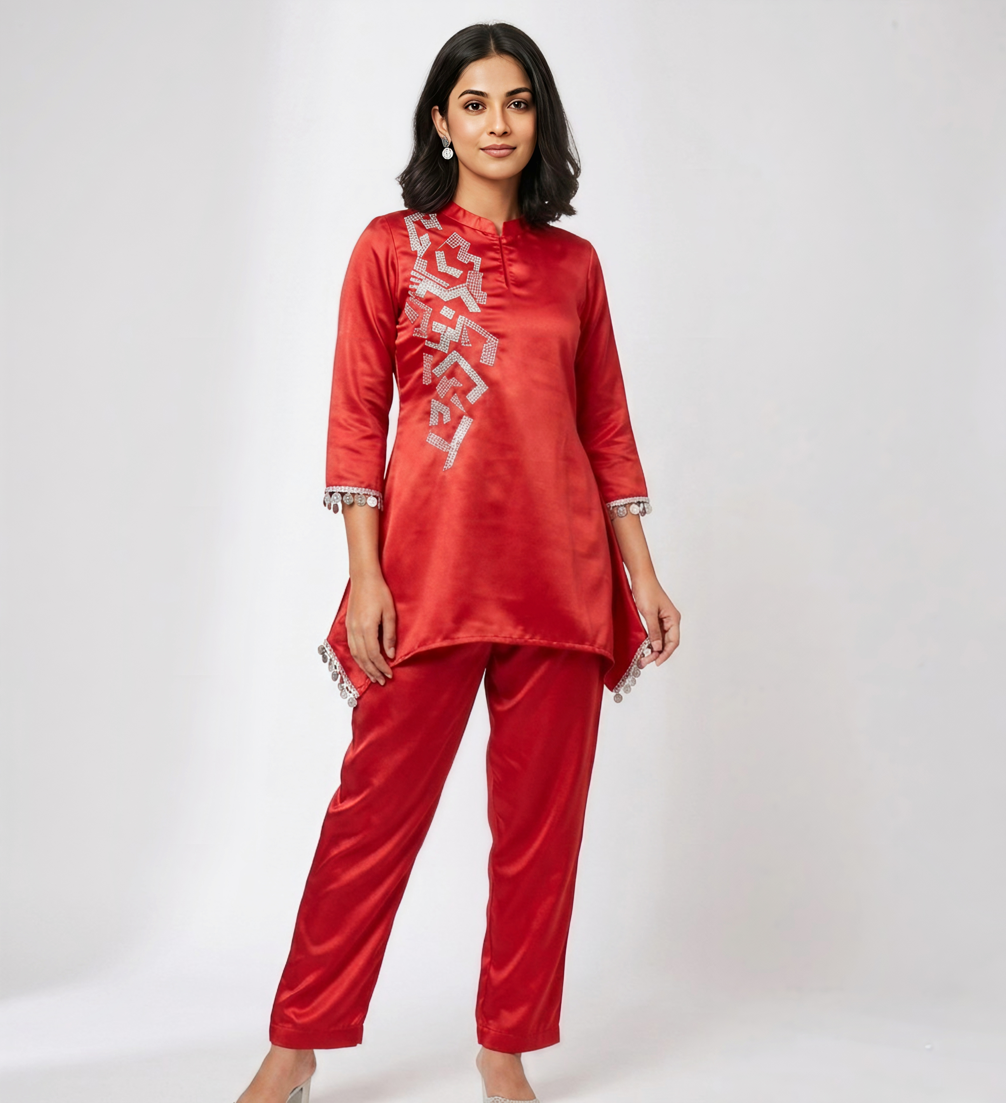 Royal Tomato Red Silk Co-ord Set with Hand-Embellished Geometric Motif