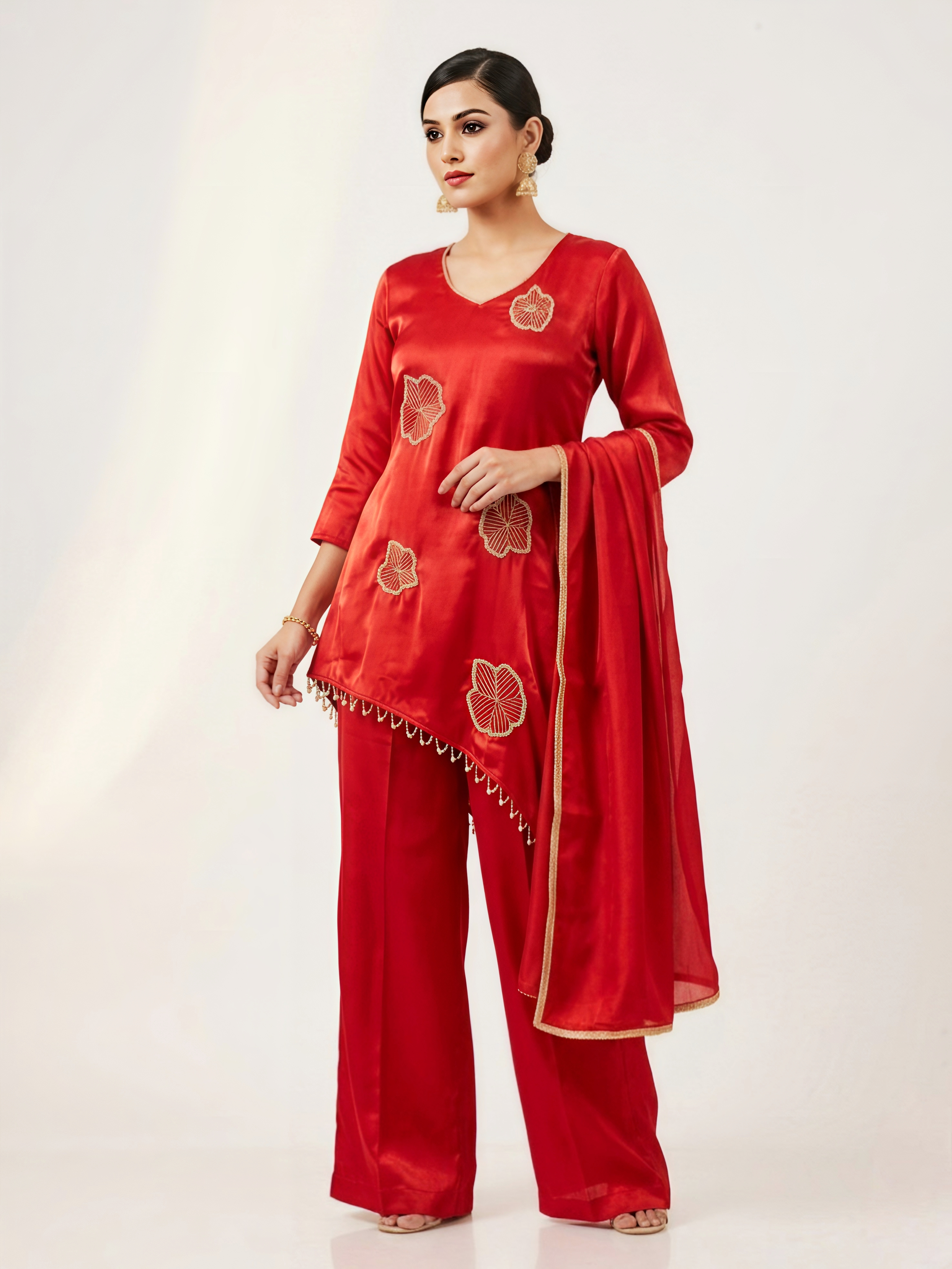 Orange Embroidered Silk Co-ord Set with Pearl-Bead Tassel Detail