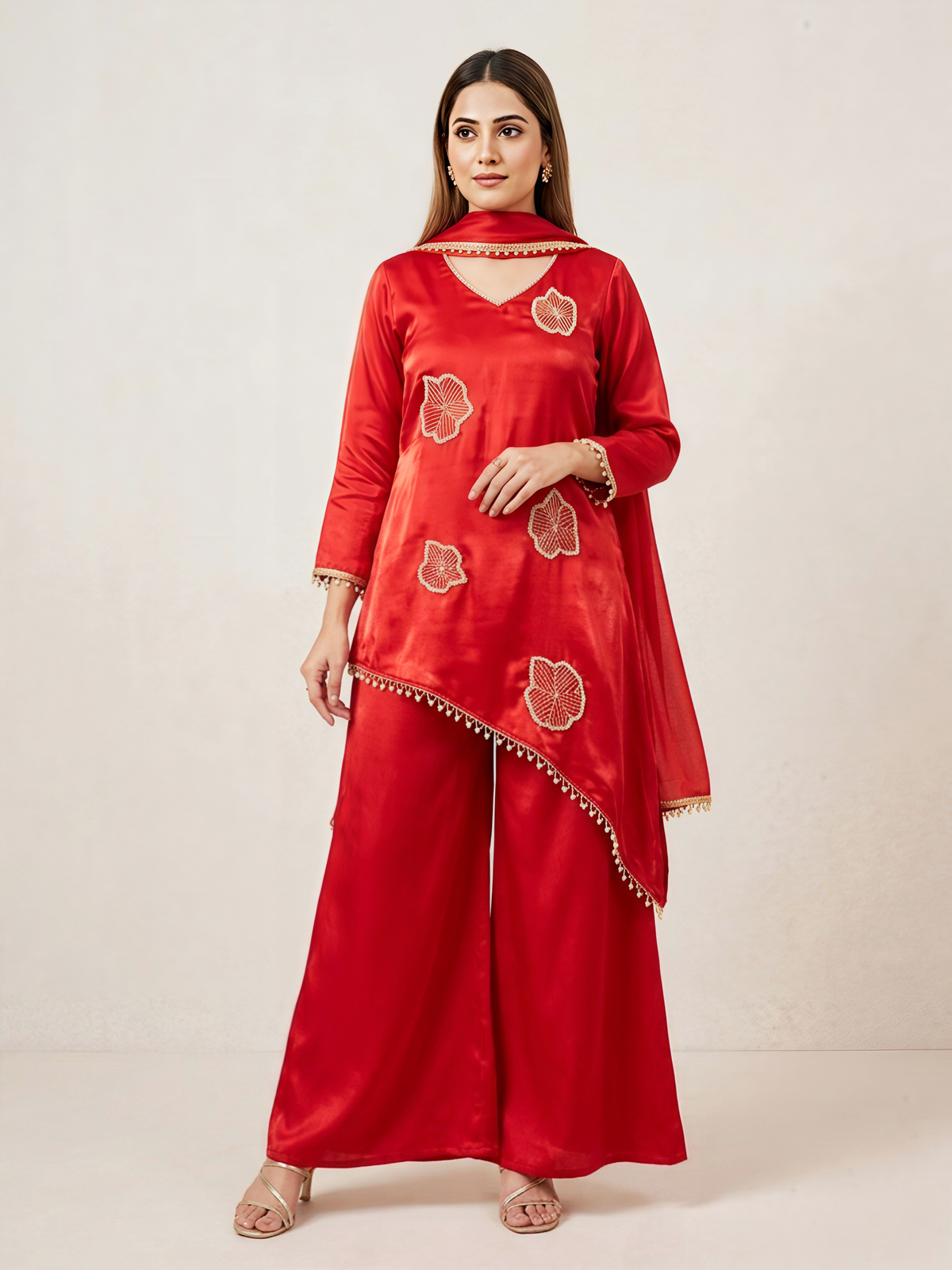 Orange Embroidered Silk Co-ord Set with Pearl-Bead Tassel Detail