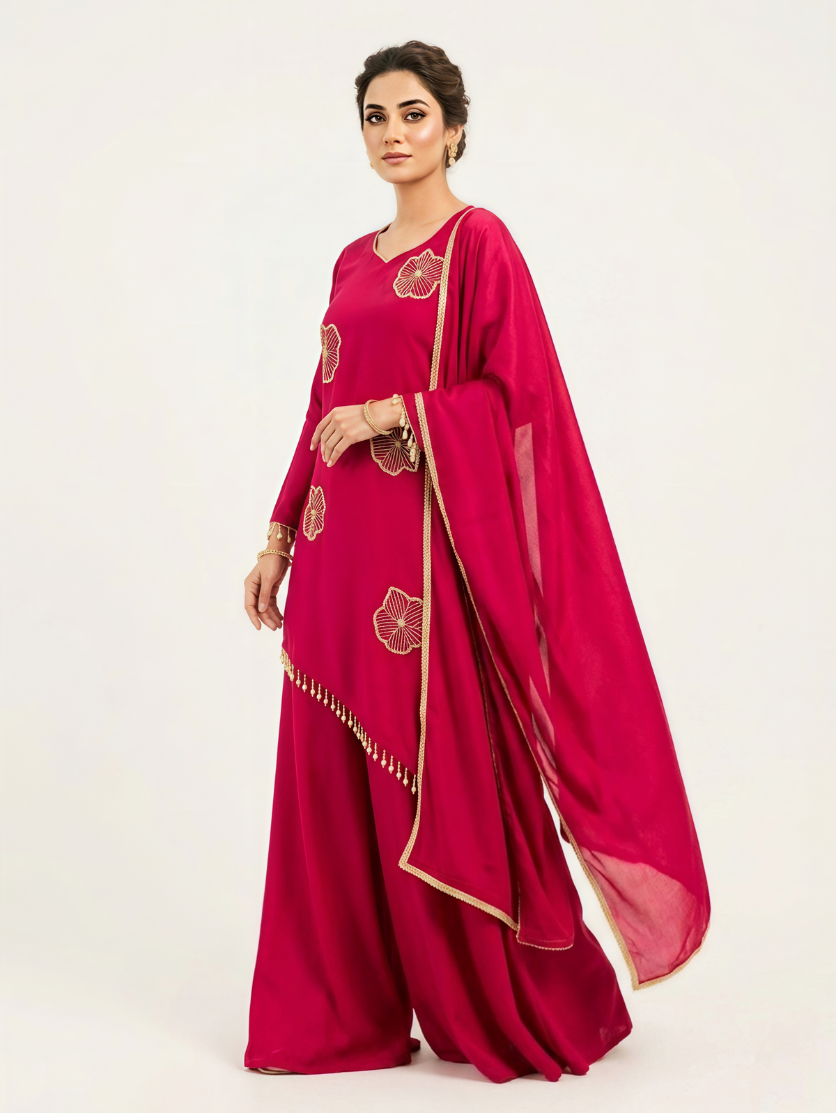 Premium Wine Asymmetric Kurta Set with Scalloped Embroidery & Palazzo
